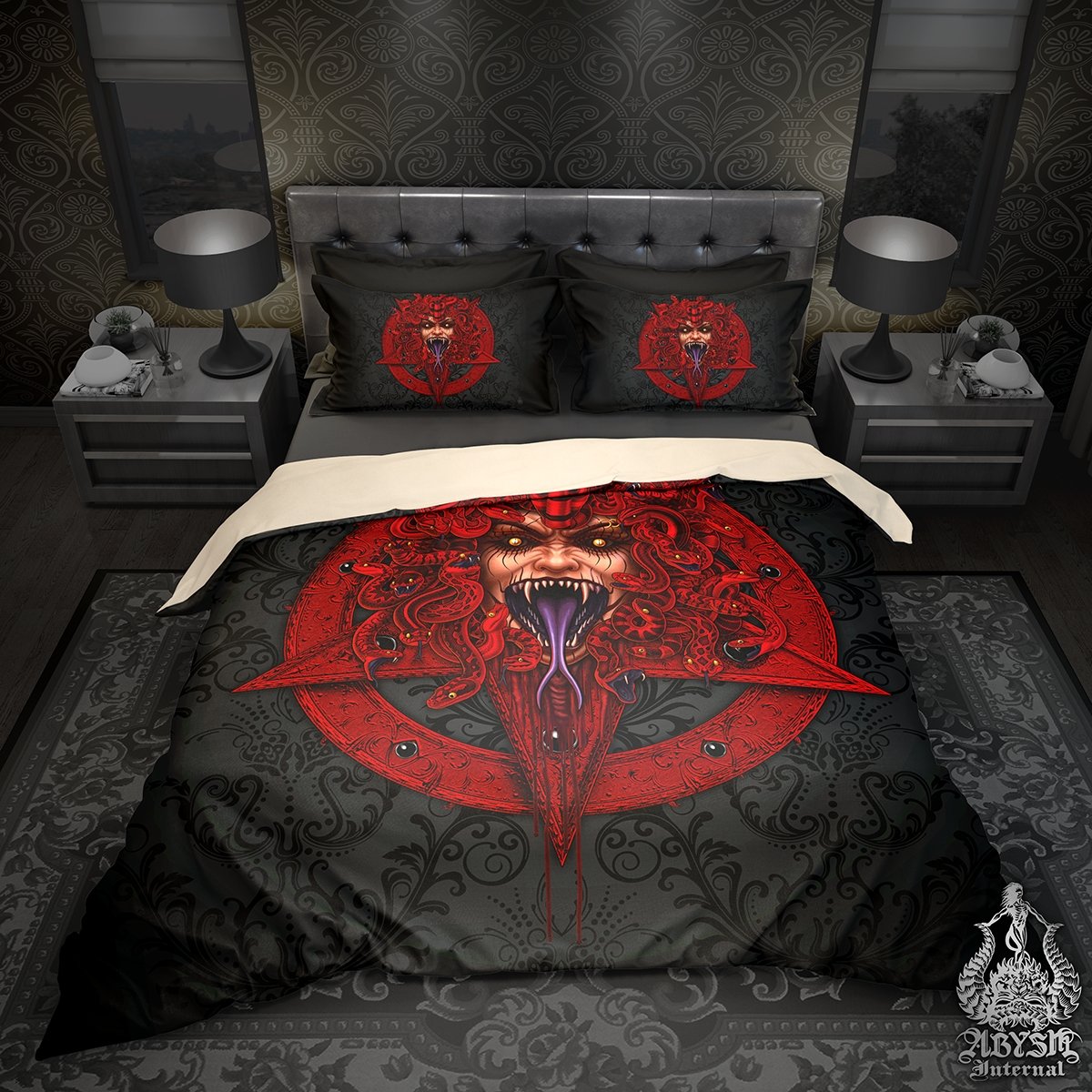 Satanic Medusa Bedding Set, Comforter and Duvet, Pentagram, Horror Bed Cover and Bedroom Decor, King, Queen and Twin Size - 3 Faces - Abysm Internal