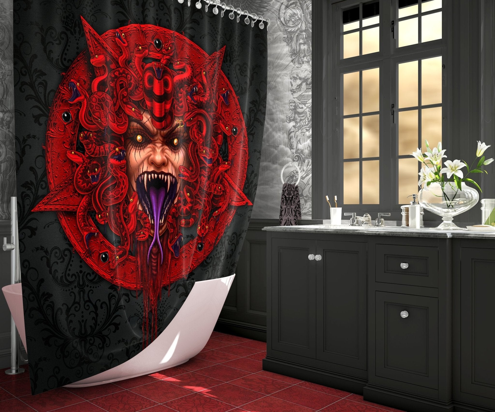 Satanic Shower Curtain, Pentagram, Gothic Bathroom Decor - Enraged Medusa, Red Snakes - Abysm Internal