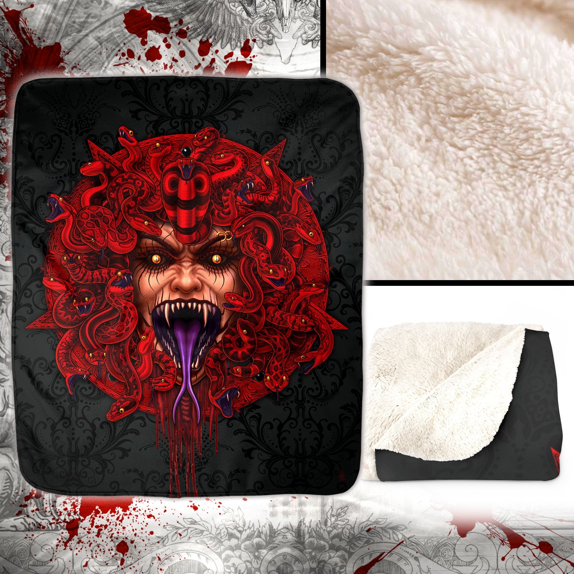 Satanic Throw Fleece Blanket, Demon Medusa, Goth Horror Decor, Alternative Art Gift - Red Snakes, Rage - Abysm Internal