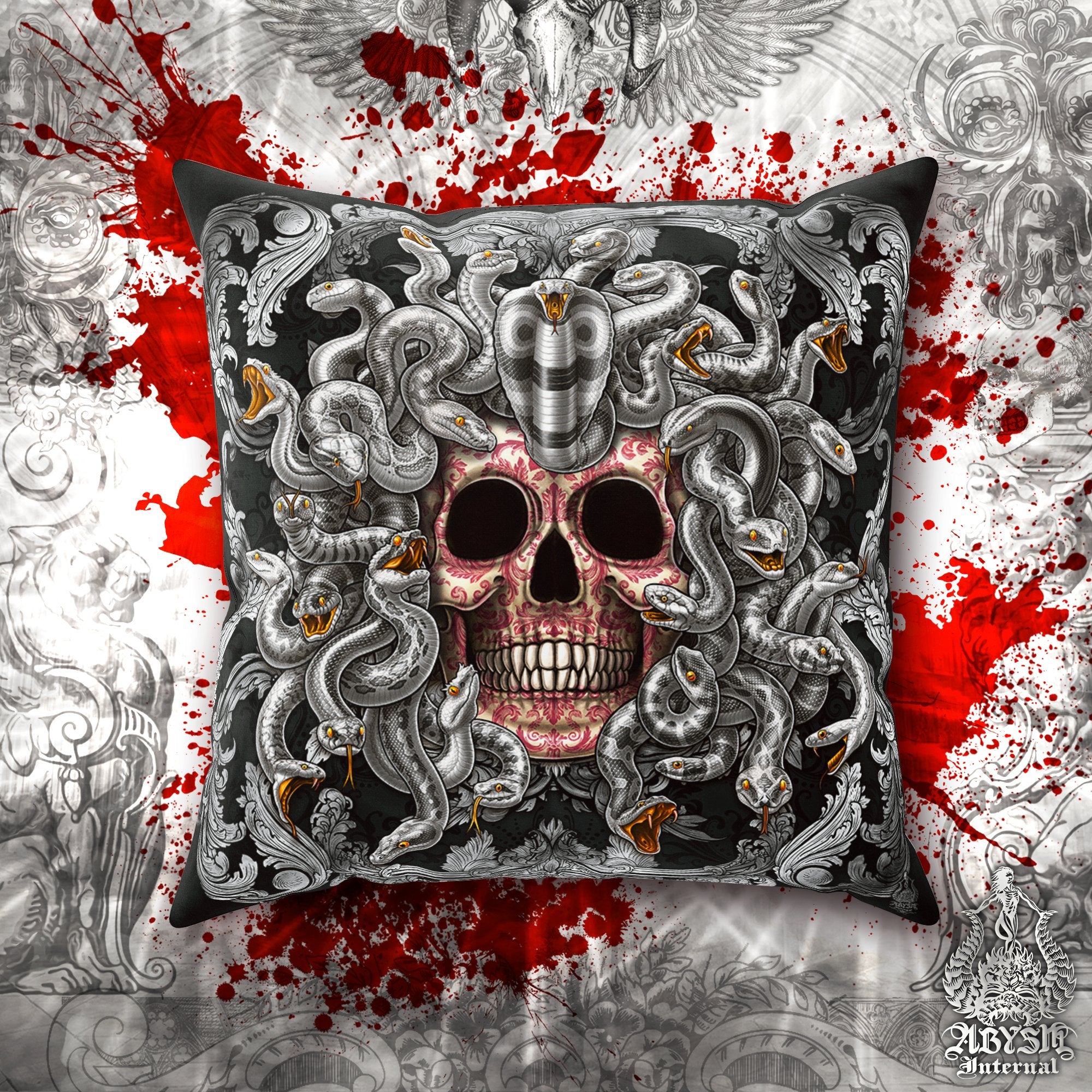 Silver Medusa Throw Pillow, Decorative Accent Pillow, Square Cushion Cover, Victorian Goth, Fantasy and Skull Art, Alternative Home Decor - 2 Faces - Abysm Internal