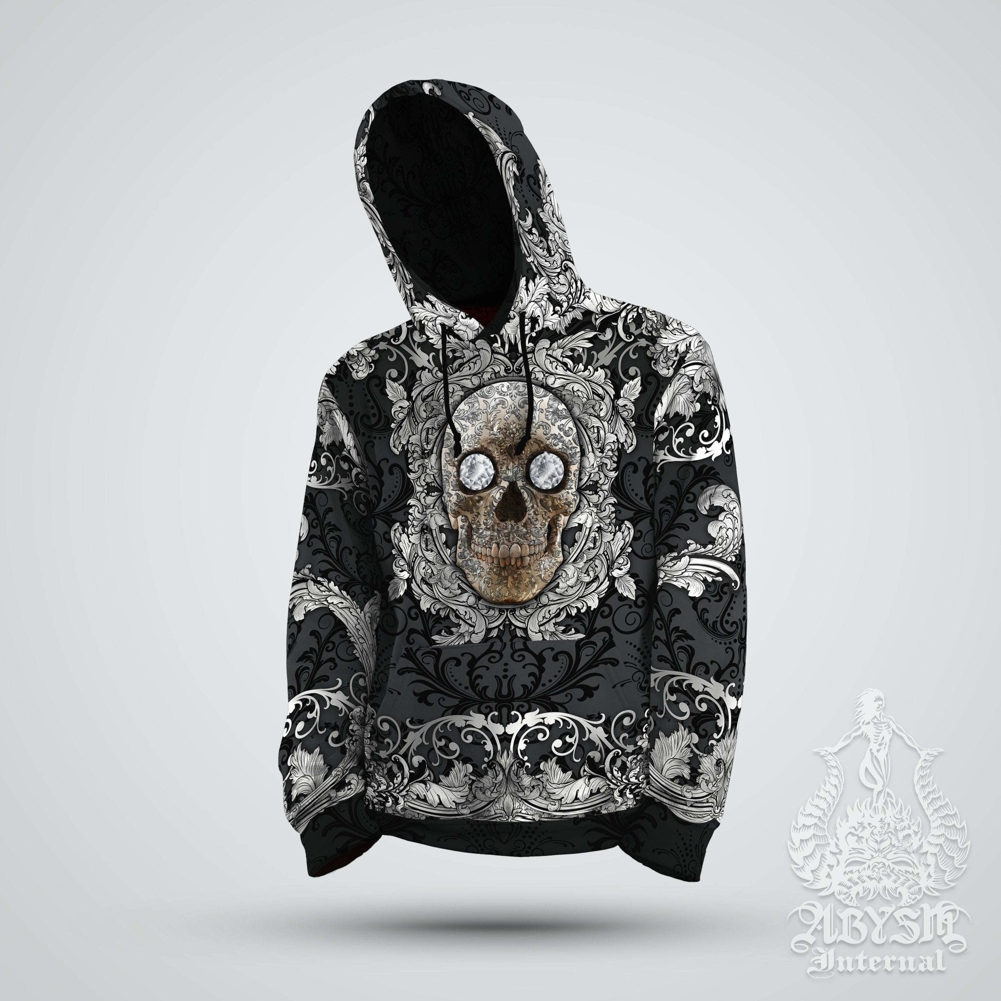Silver Skull Hoodie, Dark Streetwear, Gothic Sweater, Skater Alternative Clothing, Unisex - Abysm Internal