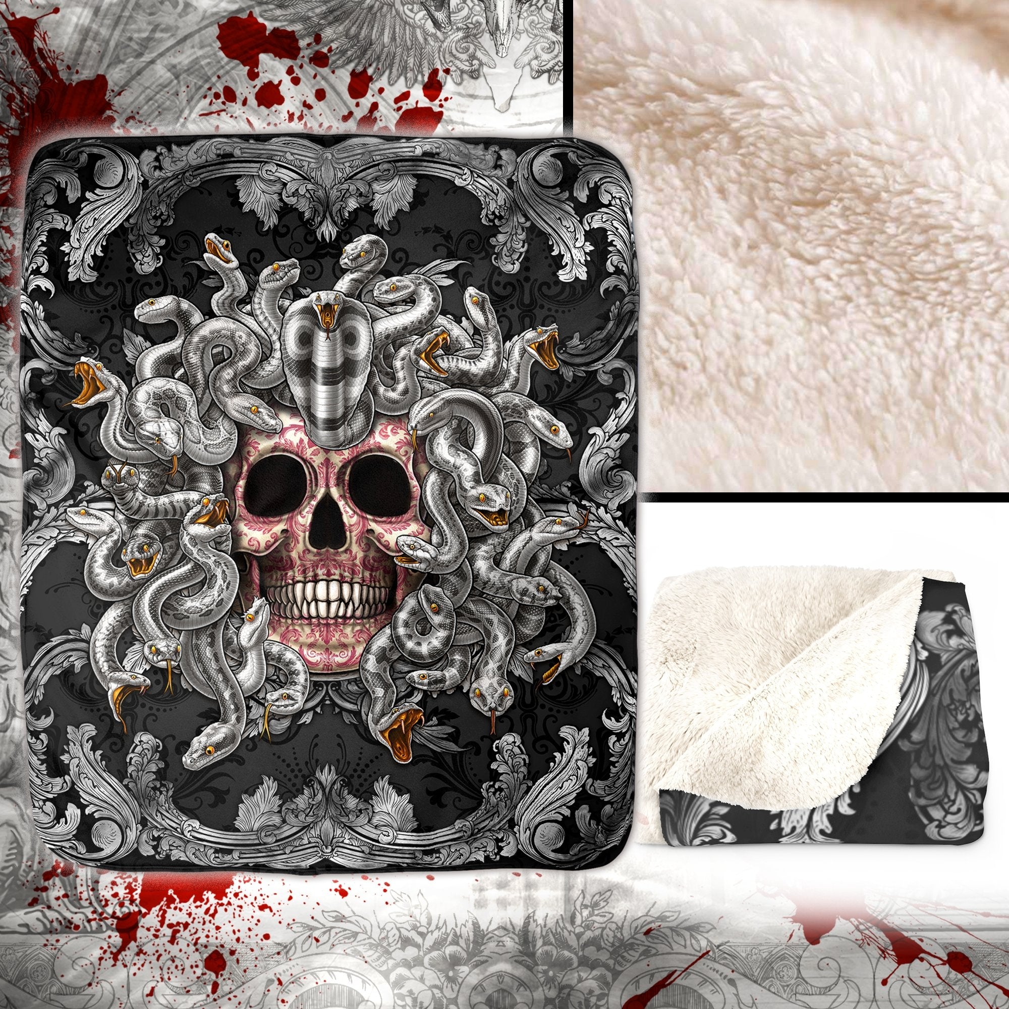 Silver Skull Throw Fleece Blanket, Baroque & Victorian Ornaments, Alternative Home Decor - Medusa - Abysm Internal