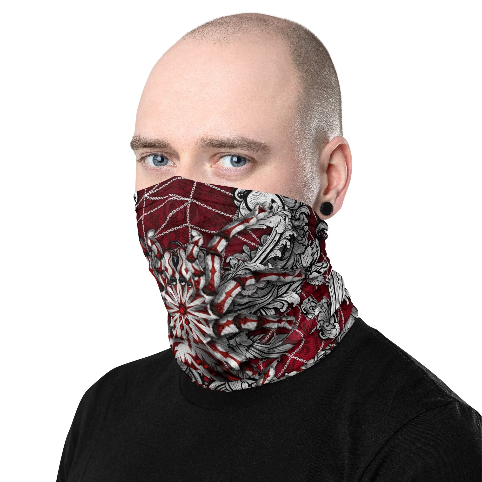Silver Spider Neck Gaiter, Face Mask, Head Covering, Alternative Outfit, Tarantula Lover Gift - Black and Red - Abysm Internal