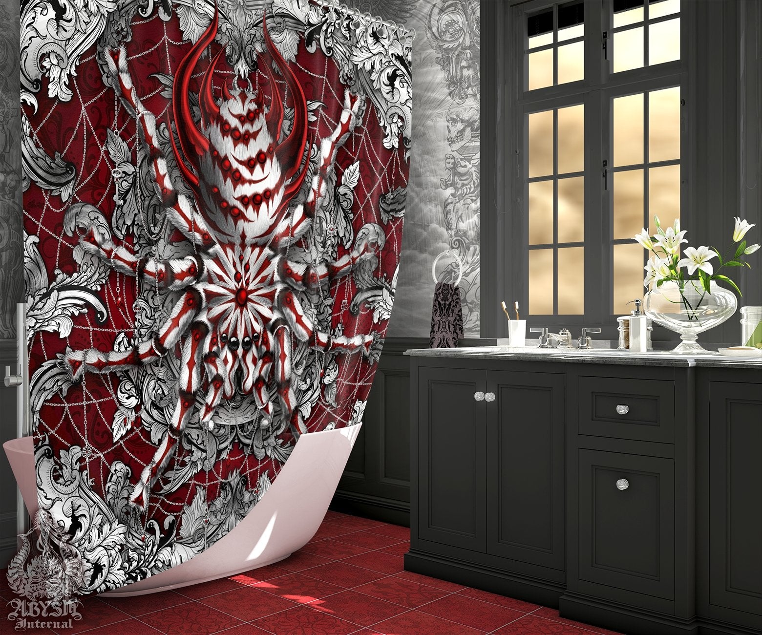 Silver Spider Shower Curtain, Alternative Bathroom Decor, Indie Home - Baroque Red, Tarantula Art - Abysm Internal