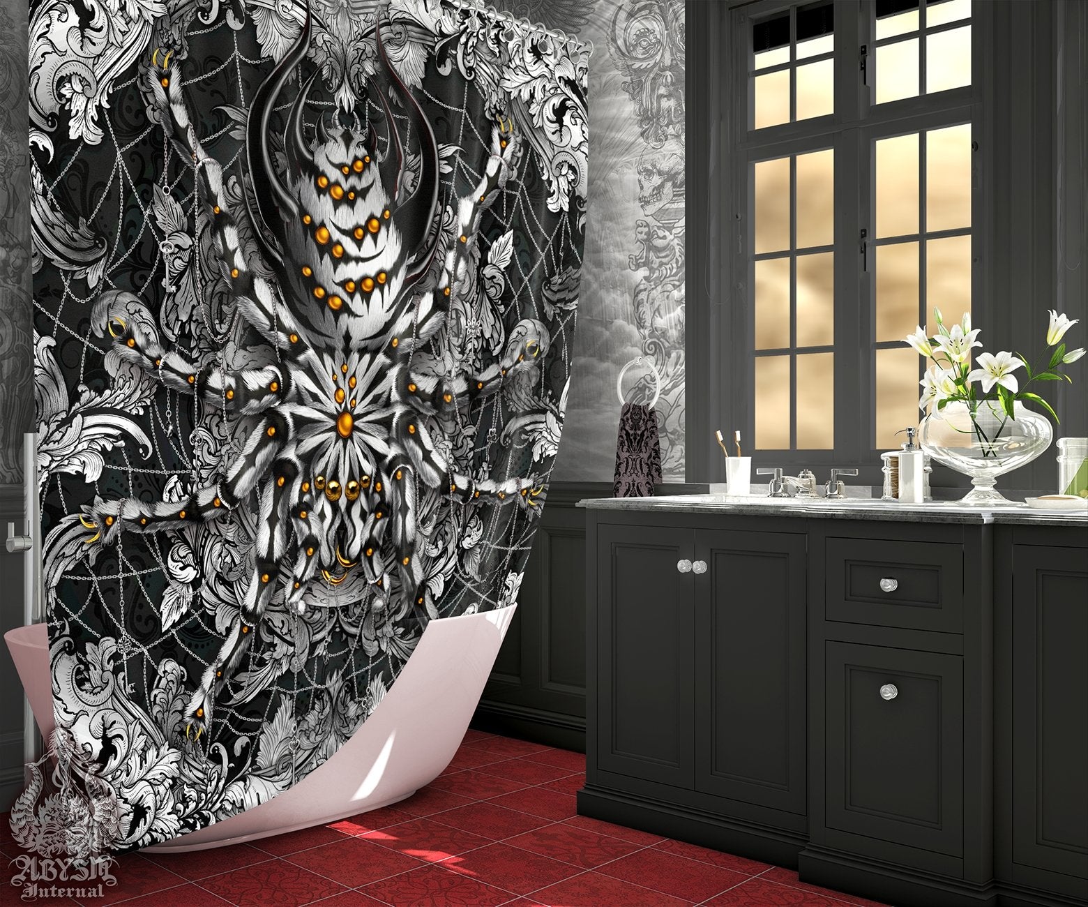 Silver Spider Shower Curtain, Indie Bathroom Decor, Alternative Home - Baroque Black, Tarantula Art - Abysm Internal