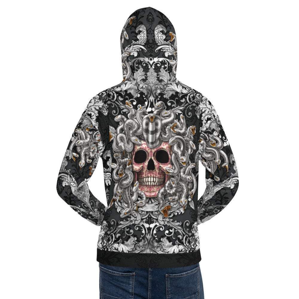 Skater Hoodie, Gothic Streetwear, Hip Hop Outfit, Alternative Clothing, Unisex - Silver Medusa Skull - Abysm Internal