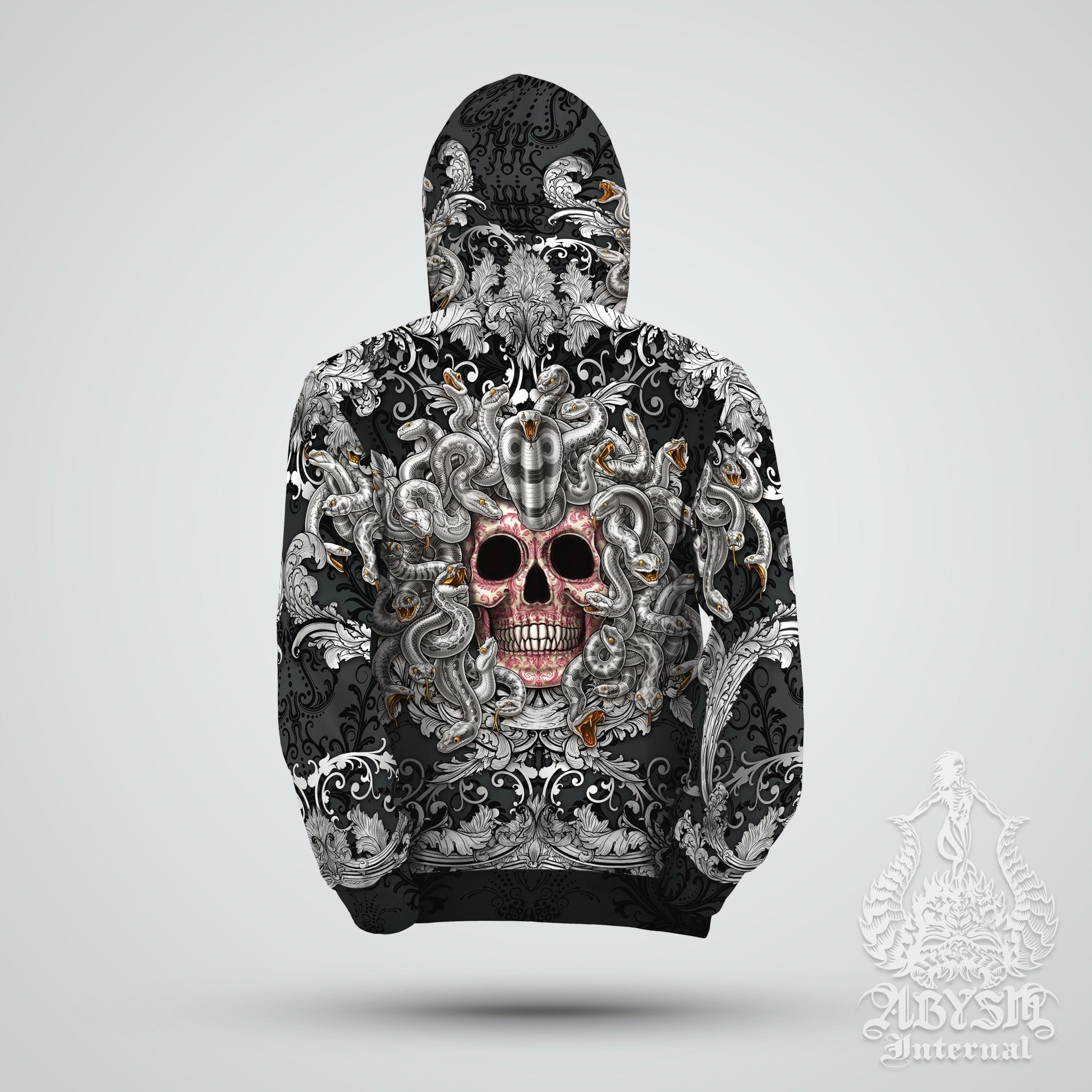 Skater Hoodie, Gothic Streetwear, Hip Hop Outfit, Alternative Clothing, Unisex - Silver Medusa Skull - Abysm Internal