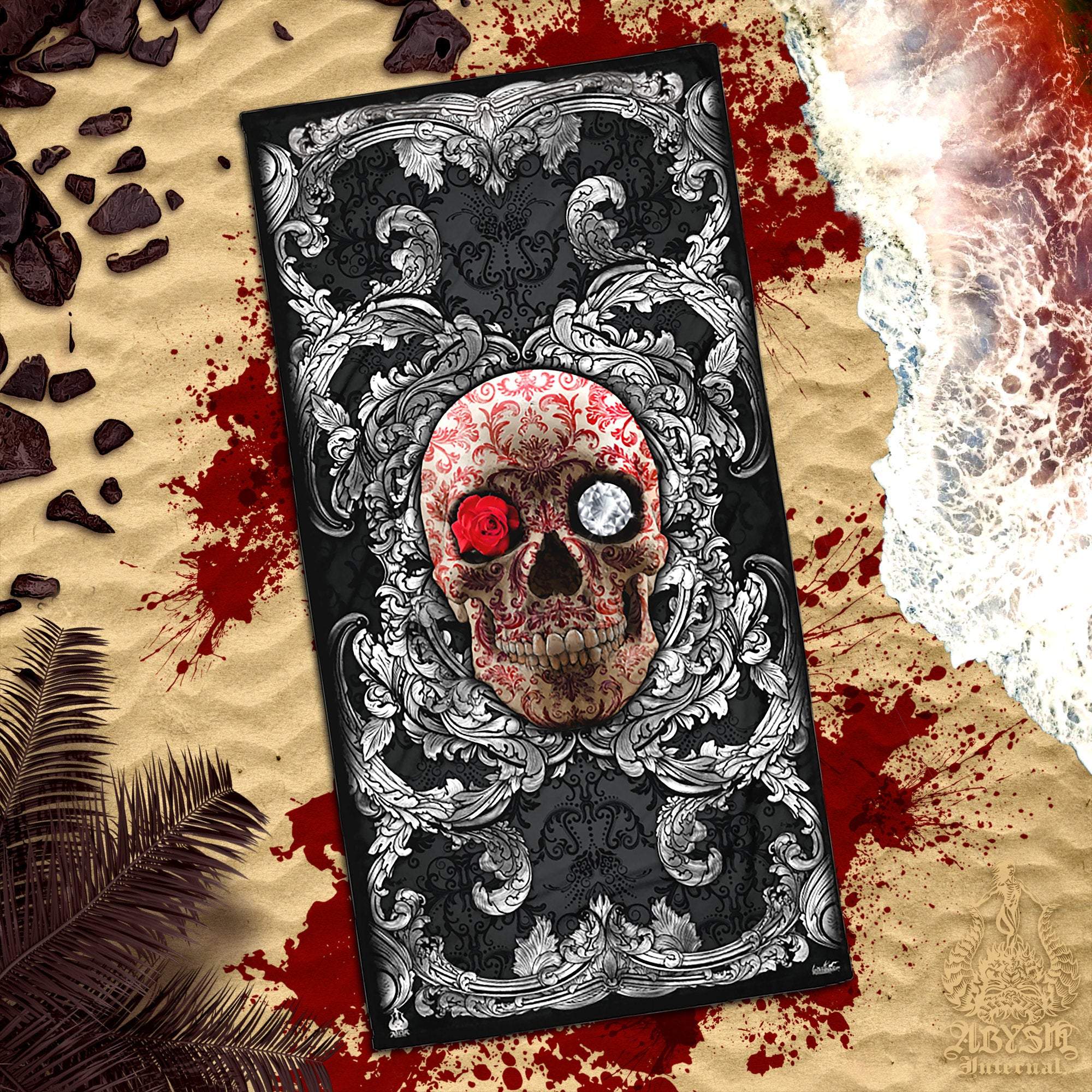 Skull Beach Towel, Goth, Macabre Art, Fun Baroque Ornaments - Silver & Red - Abysm Internal