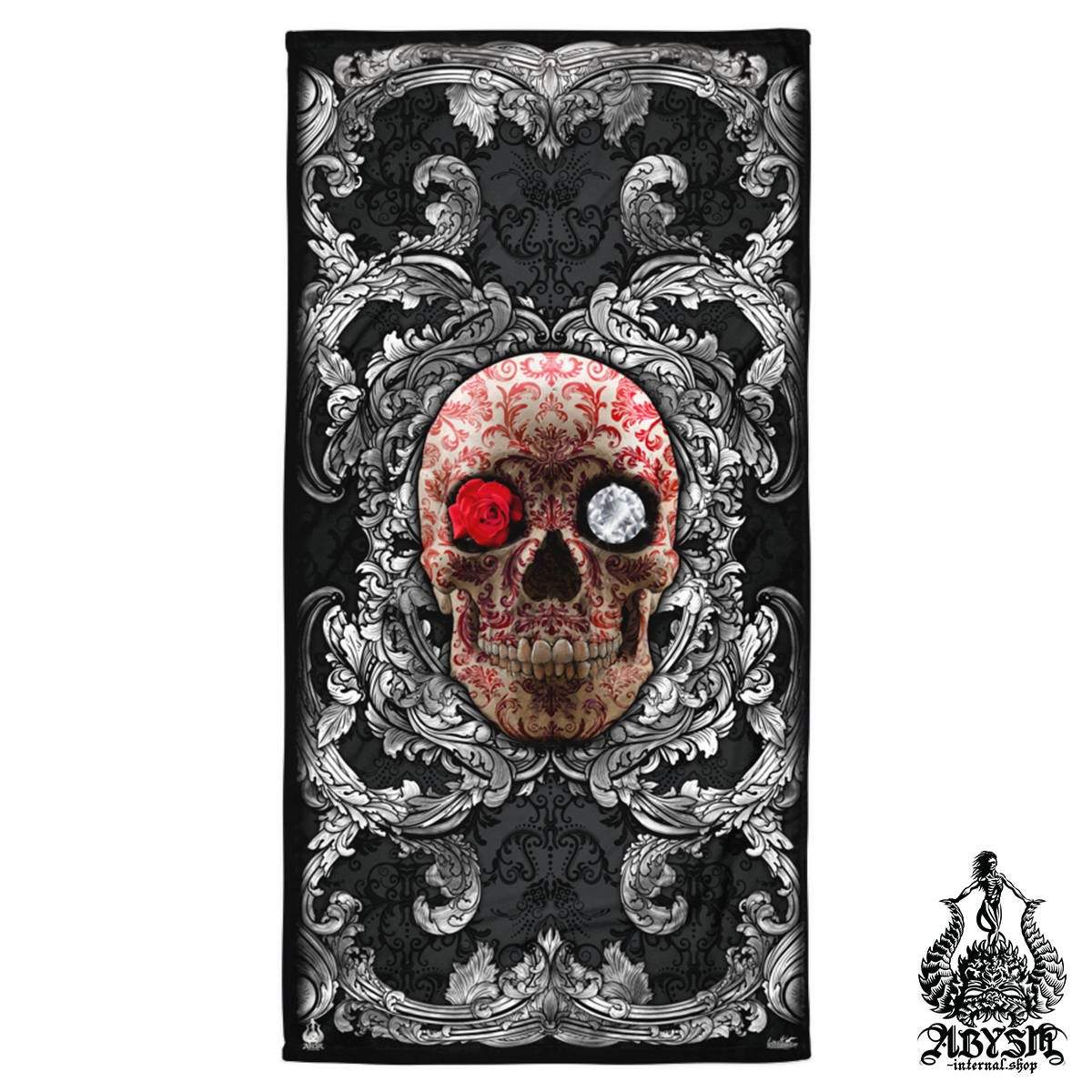 Skull Beach Towel, Goth, Macabre Art, Fun Baroque Ornaments - Silver & Red - Abysm Internal