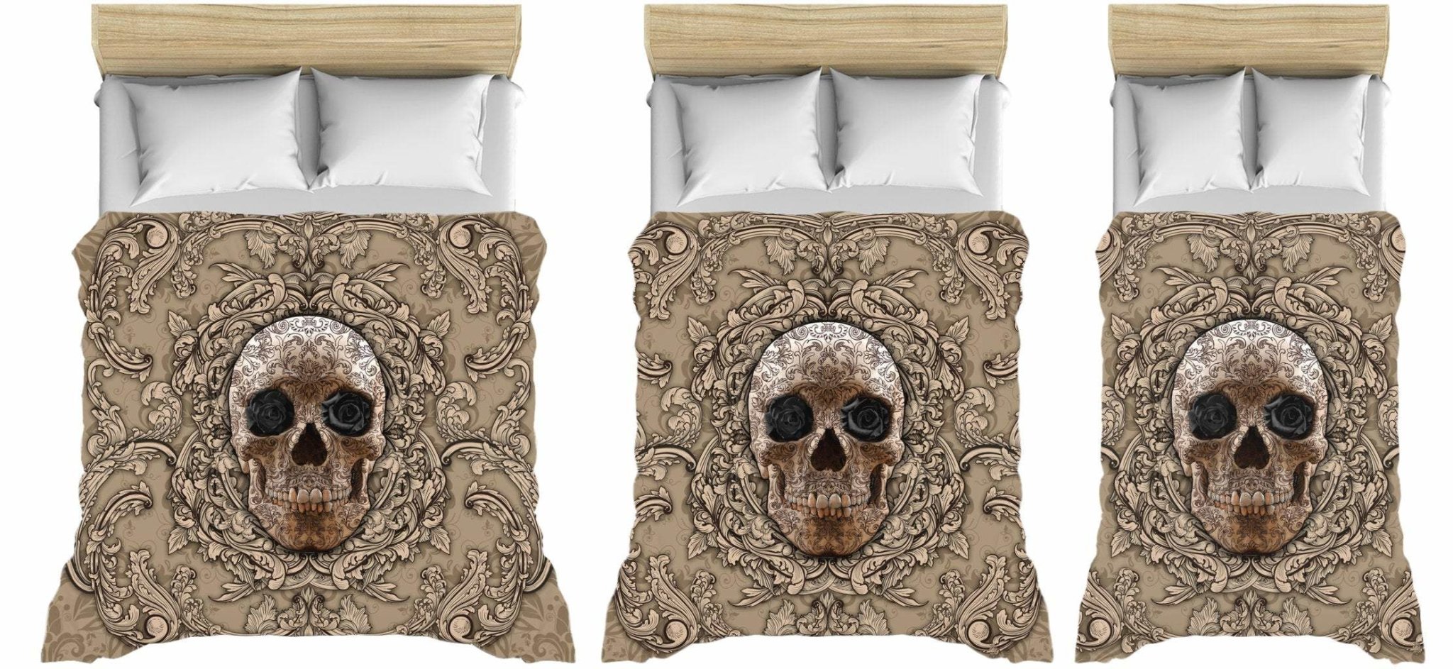 Skull Bedding Set, Comforter and Duvet, Goth Bed Cover and Bedroom Decor, King, Queen and Twin Size - Cream, Black Roses - Abysm Internal