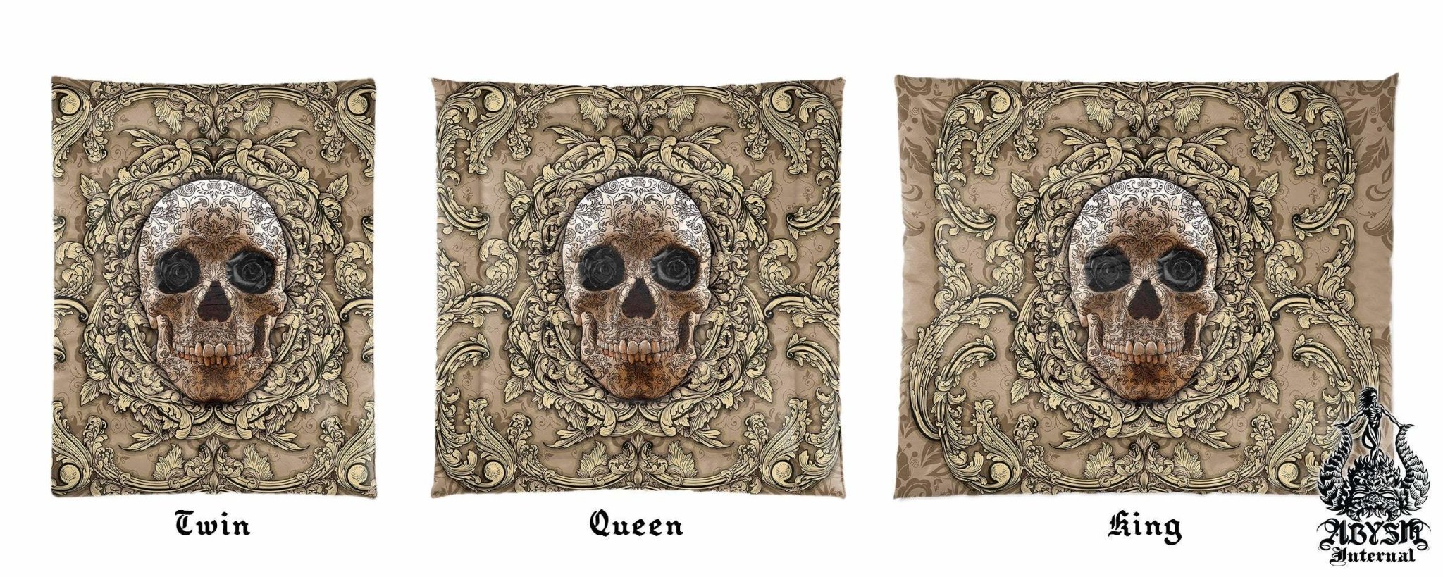 Skull Bedding Set, Comforter and Duvet, Goth Bed Cover and Bedroom Decor, King, Queen and Twin Size - Cream, Black Roses - Abysm Internal