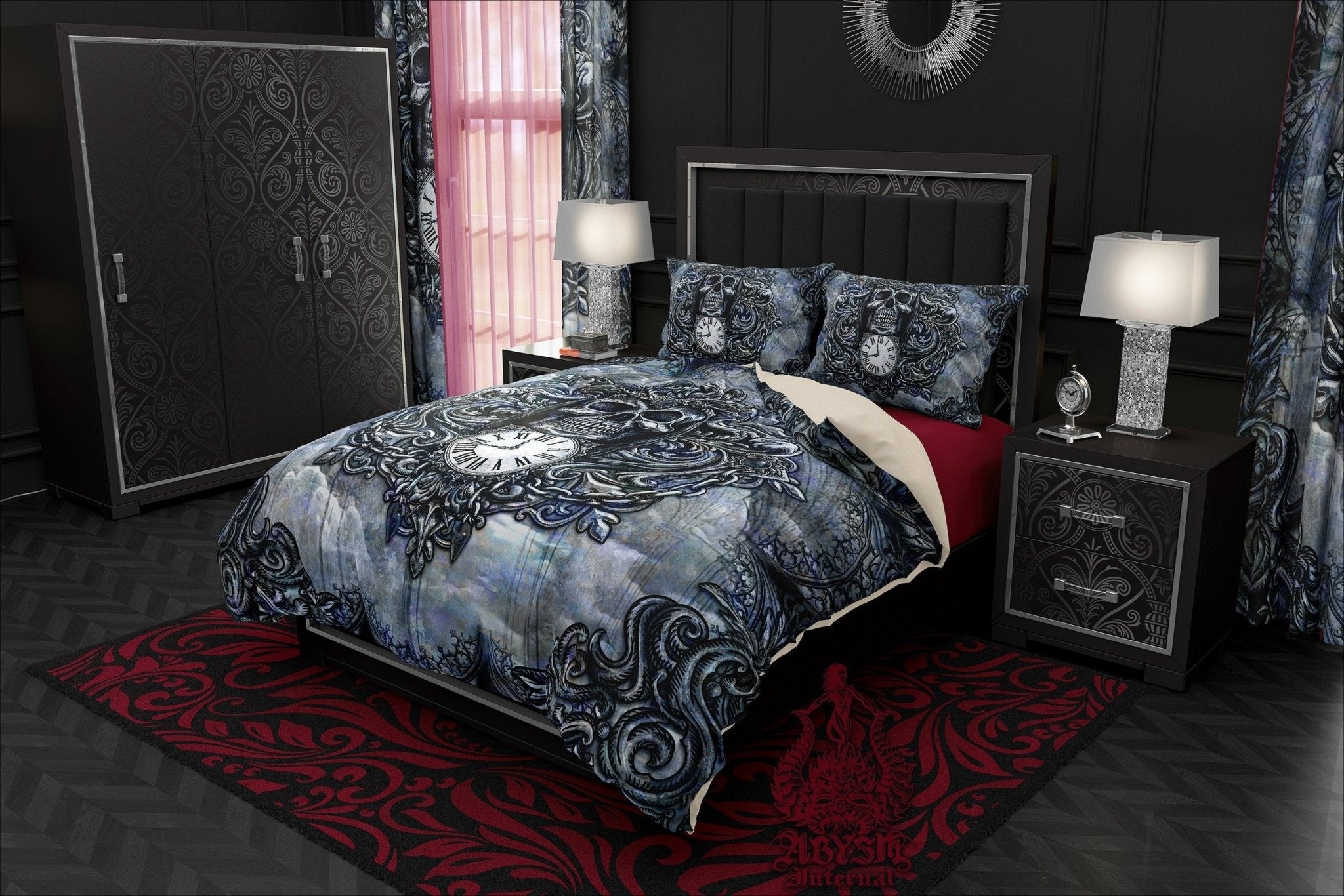 Skull Bedding Set, Comforter and Duvet, Goth Bed Cover and Bedroom Decor, King, Queen and Twin Size - Reaper, Blue - Abysm Internal