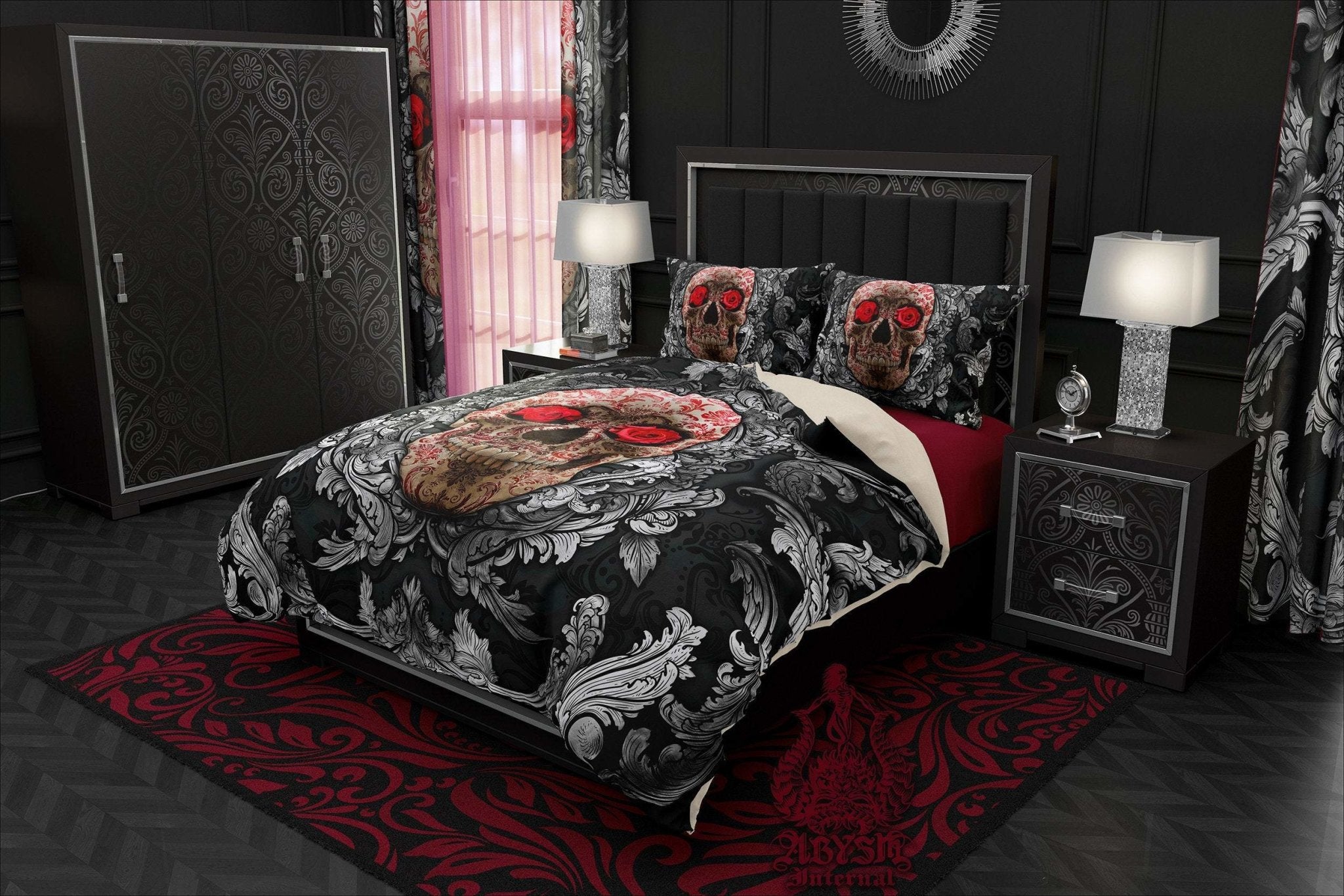 Skull Bedding Set, Comforter and Duvet, Goth Bed Cover and Bedroom Decor, King, Queen and Twin Size - Silver and Red - Abysm Internal
