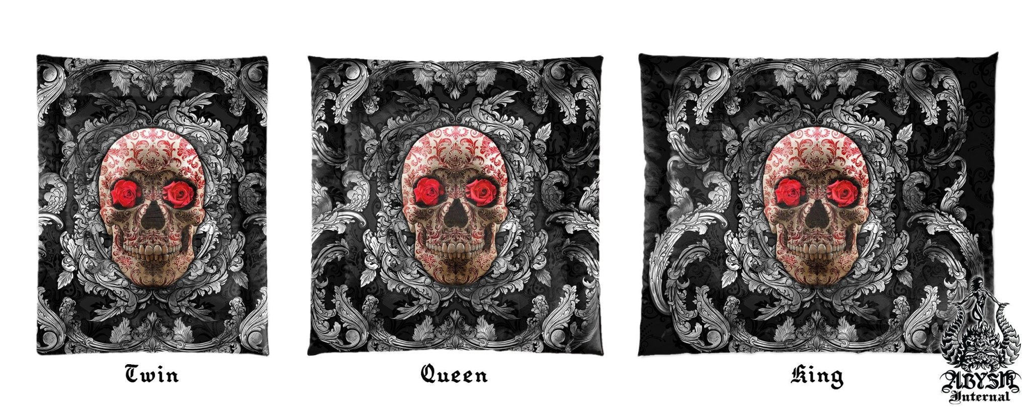 Skull Bedding Set, Comforter and Duvet, Goth Bed Cover and Bedroom Decor, King, Queen and Twin Size - Silver and Red - Abysm Internal