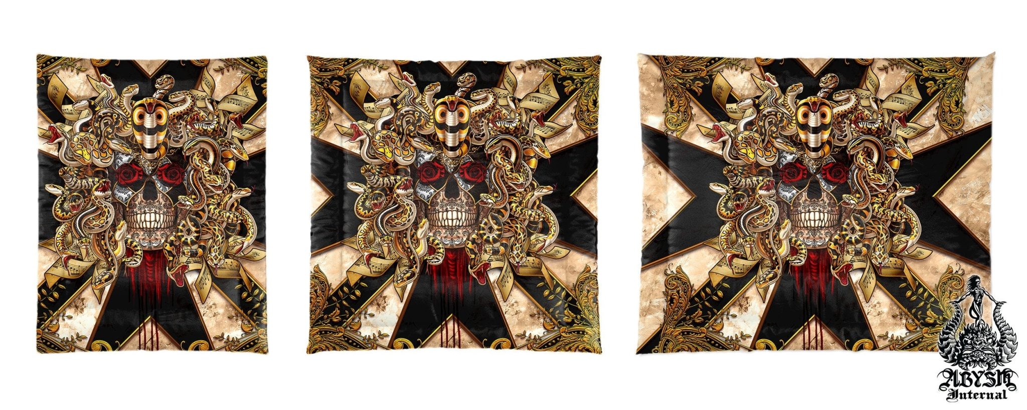 Skull Bedding Set, Comforter and Duvet, Gothic Carnival Bed Cover and Bedroom Decor, King, Queen and Twin Size - Black Harlequin Medusa - Abysm Internal