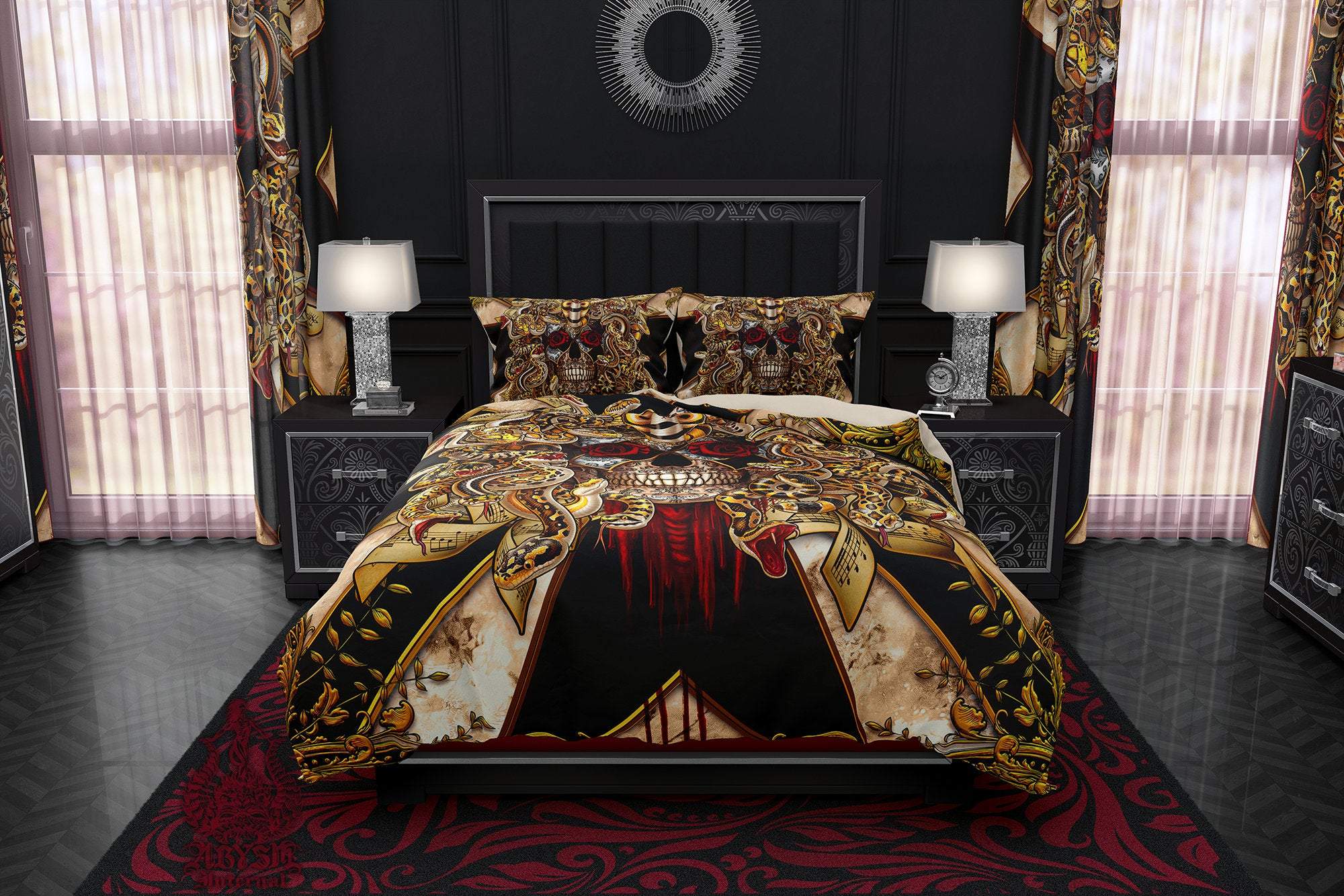 Skull Bedding Set, Comforter and Duvet, Gothic Carnival Bed Cover and Bedroom Decor, King, Queen and Twin Size - Black Harlequin Medusa - Abysm Internal