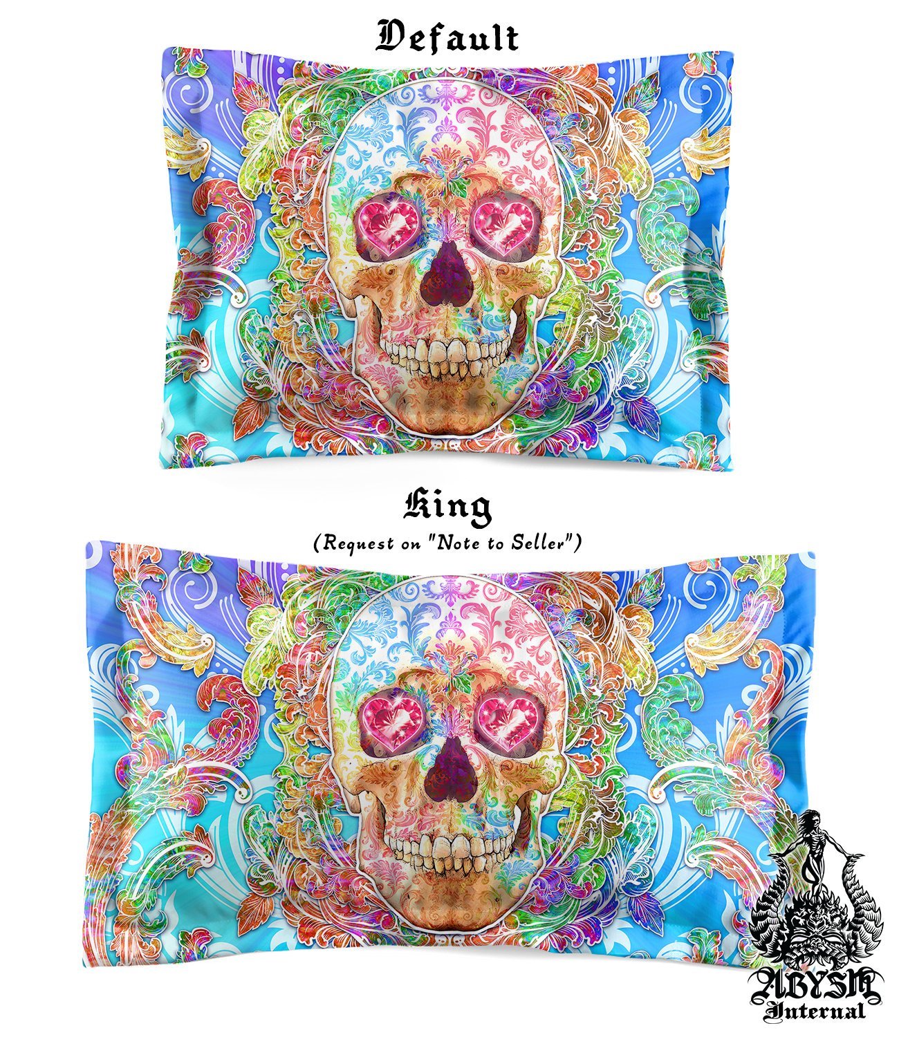 Skull Bedding Set, Comforter and Duvet, Indie Bed Cover and Bedroom Decor, King, Queen and Twin Size - Psy Color - Abysm Internal