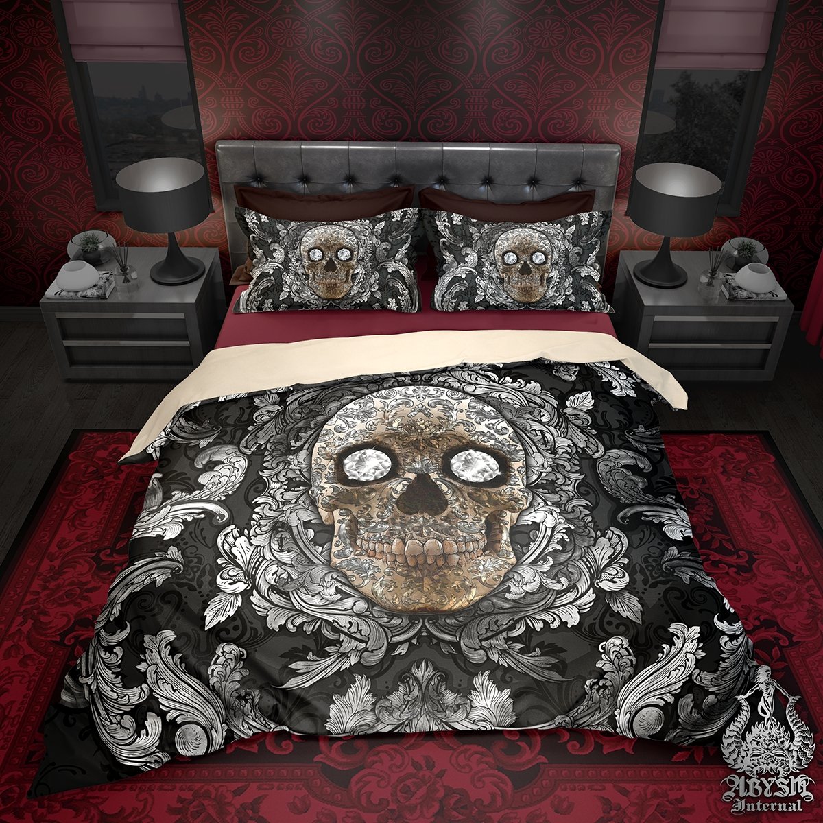 Skull Bedding Set, Comforter and Duvet, Victorian Goth Bed Cover and Bedroom Decor, King, Queen and Twin Size - Silver and Diamonds - Abysm Internal