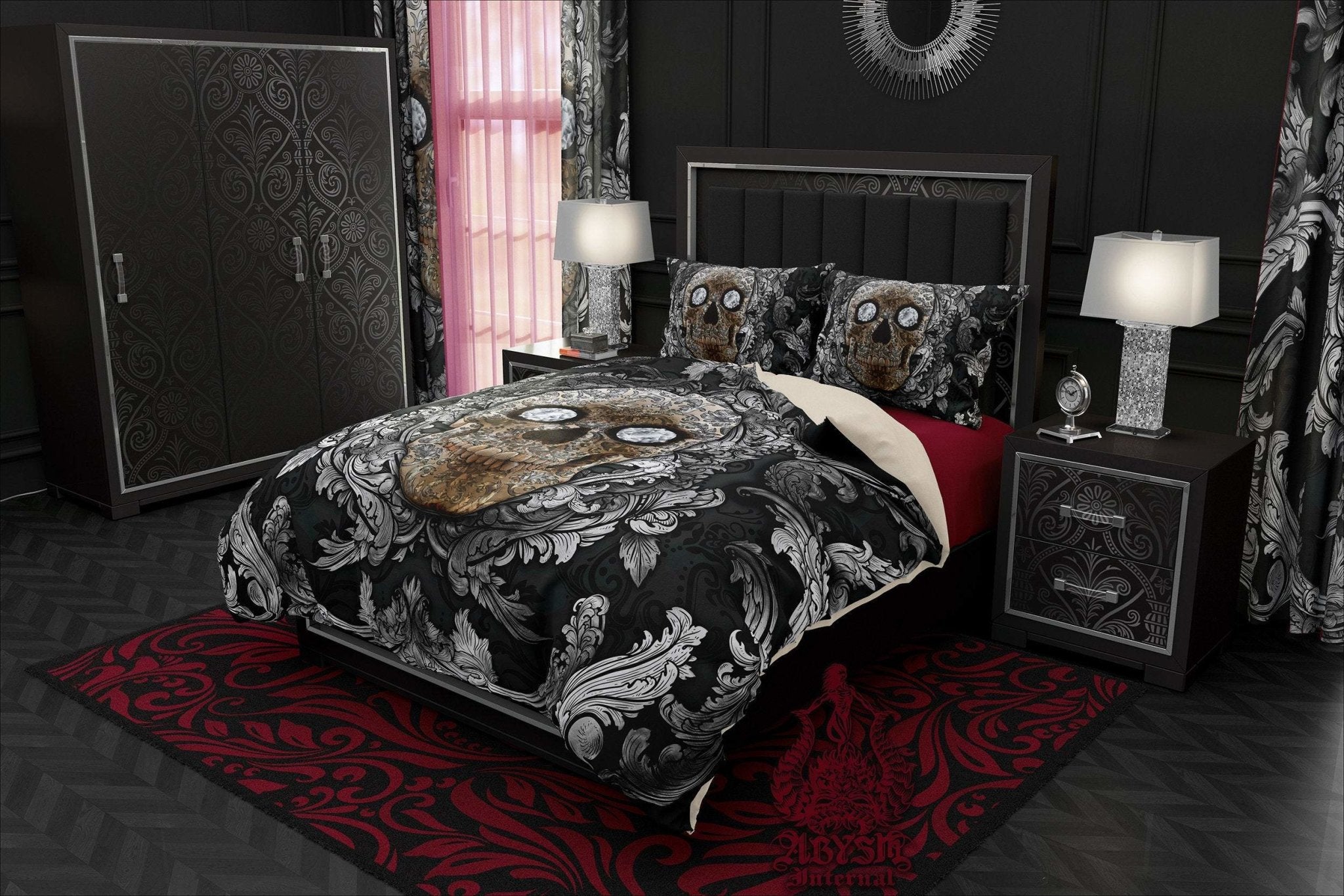 Skull Bedding Set, Comforter and Duvet, Victorian Goth Bed Cover and Bedroom Decor, King, Queen and Twin Size - Silver and Diamonds - Abysm Internal