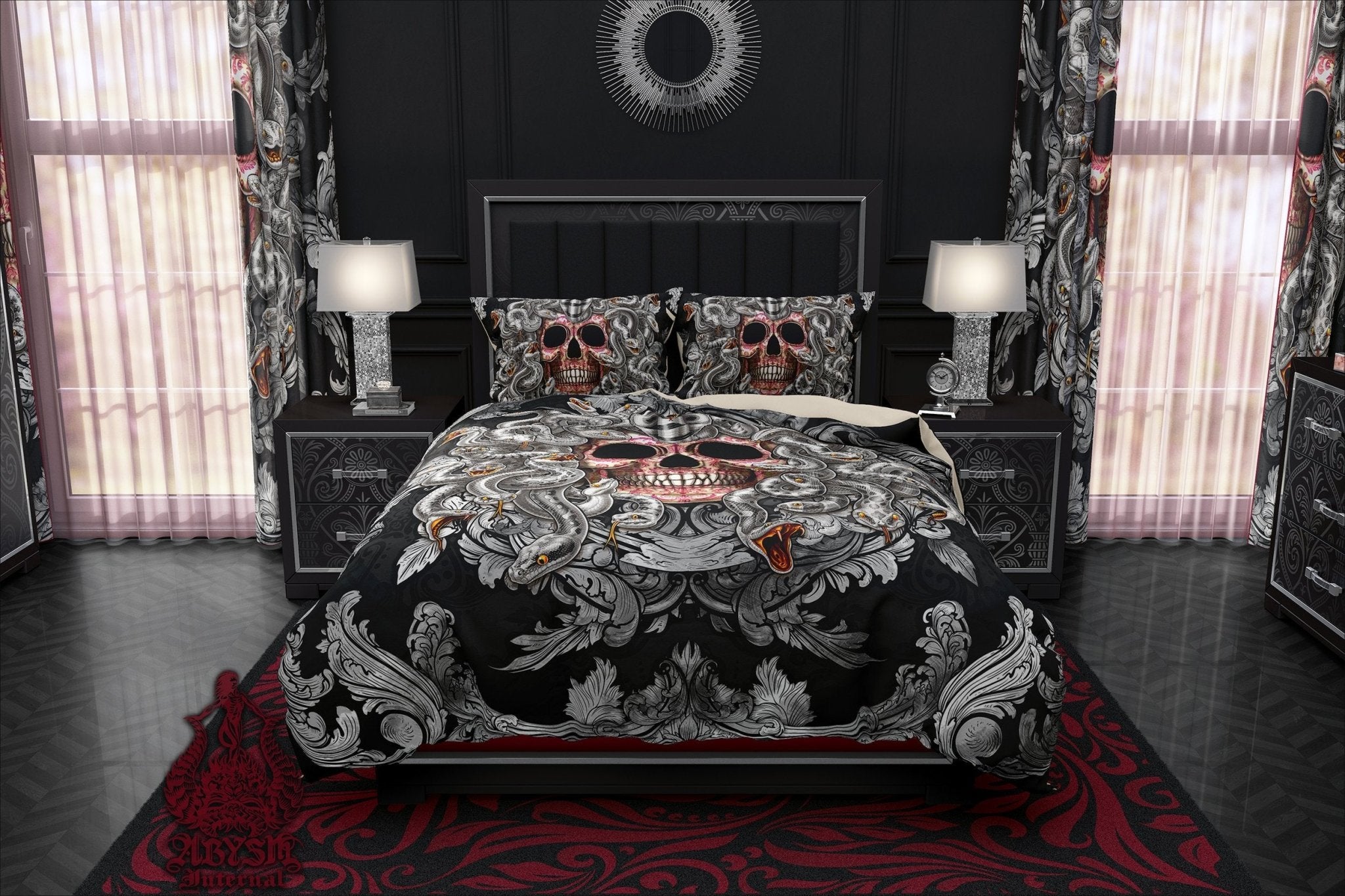 Skull Bedding Set, Comforter and Duvet, Victorian Goth Bed Cover and Bedroom Decor, King, Queen and Twin Size - Silver Medusa - Abysm Internal