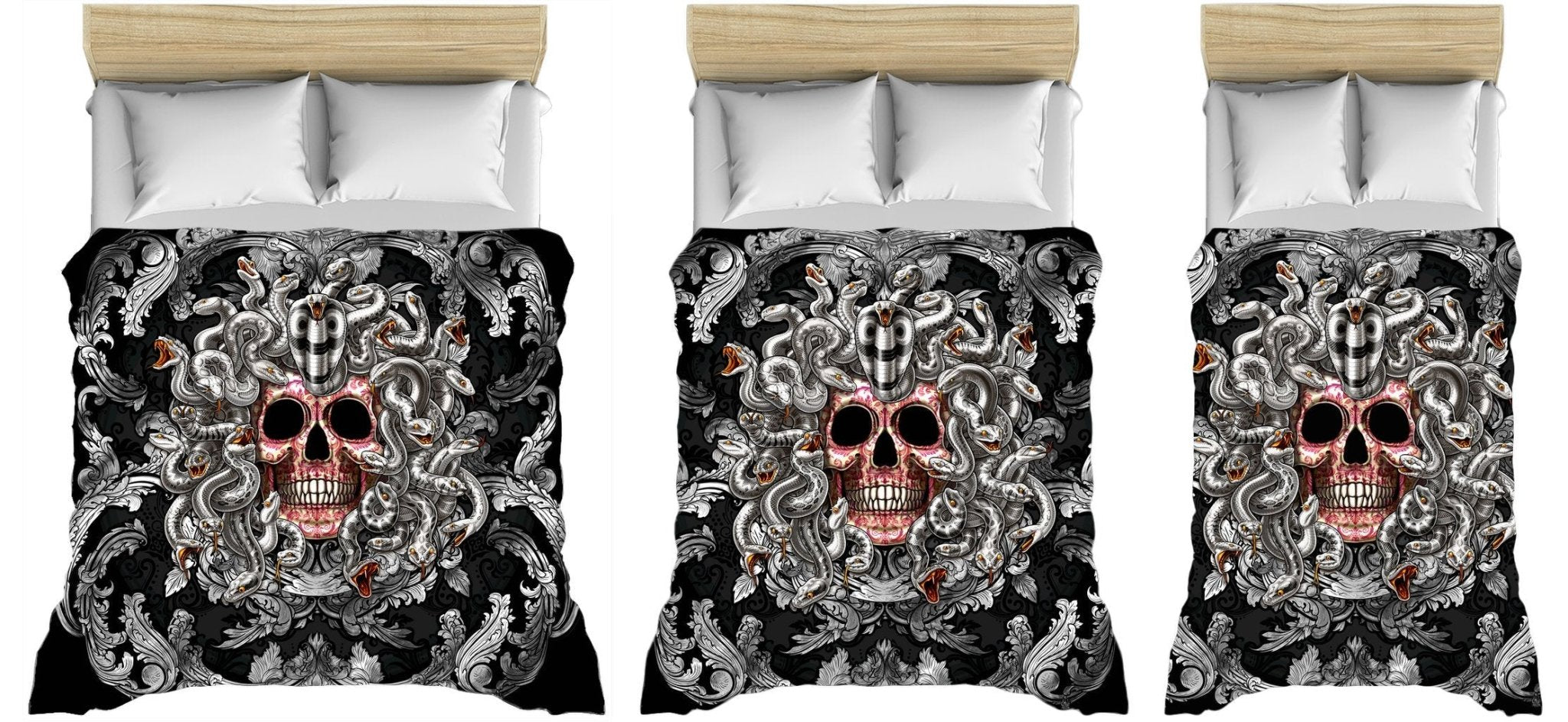 Skull Bedding Set, Comforter and Duvet, Victorian Goth Bed Cover and Bedroom Decor, King, Queen and Twin Size - Silver Medusa - Abysm Internal