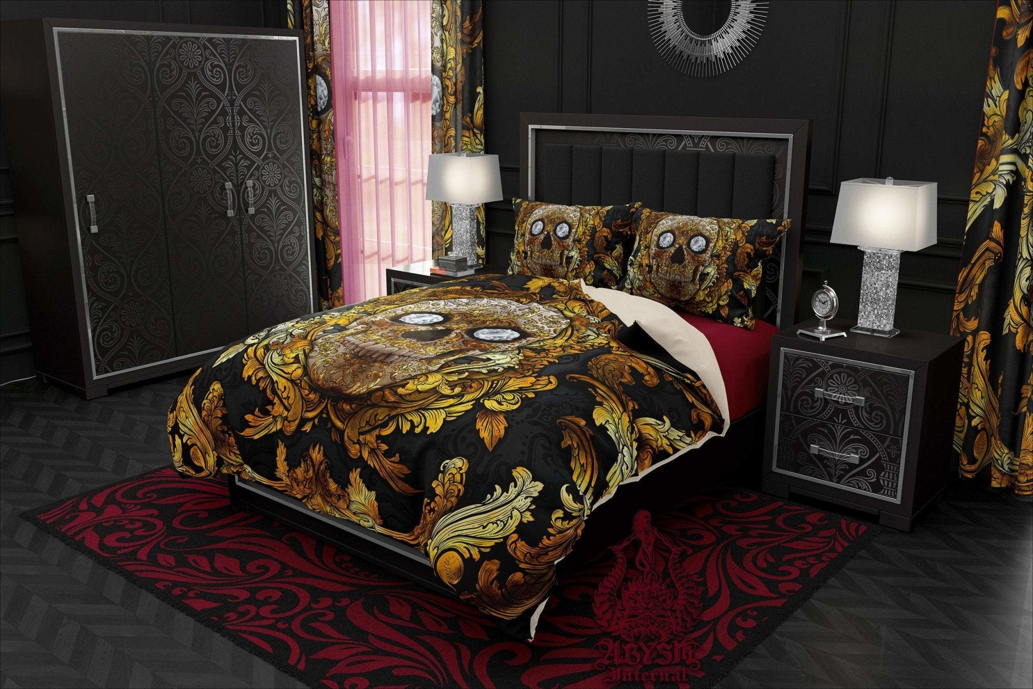 Skull Bedding Set, Comforter and Duvet, Victorian Gothic Bed Cover and Bedroom Decor, King, Queen and Twin Size - Gold and Diamonds - Abysm Internal