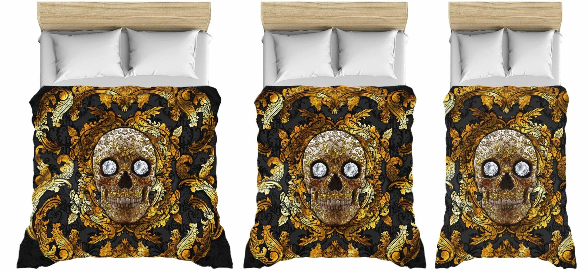 Skull Bedding Set, Comforter and Duvet, Victorian Gothic Bed Cover and Bedroom Decor, King, Queen and Twin Size - Gold and Diamonds - Abysm Internal