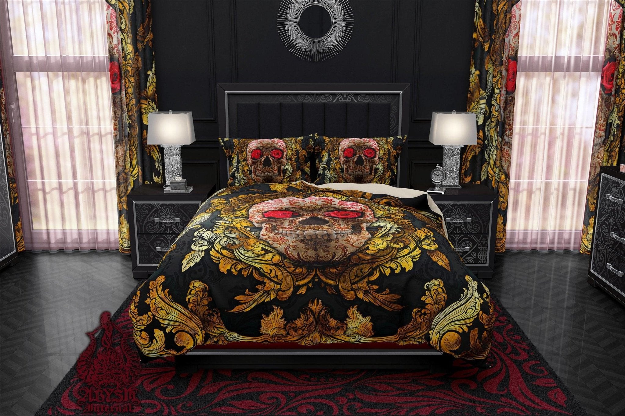 Skull Bedding Set, Comforter and Duvet, Victorian Gothic Bed Cover and Bedroom Decor, King, Queen and Twin Size - Gold and Red Roses - Abysm Internal