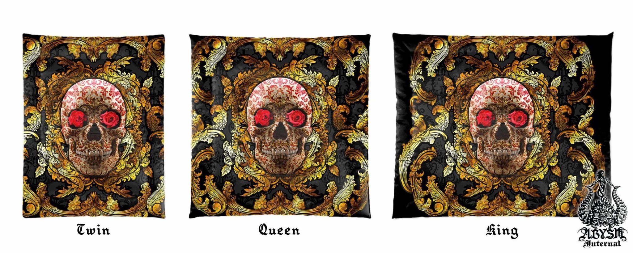 Skull Bedding Set, Comforter and Duvet, Victorian Gothic Bed Cover and Bedroom Decor, King, Queen and Twin Size - Gold and Red Roses - Abysm Internal