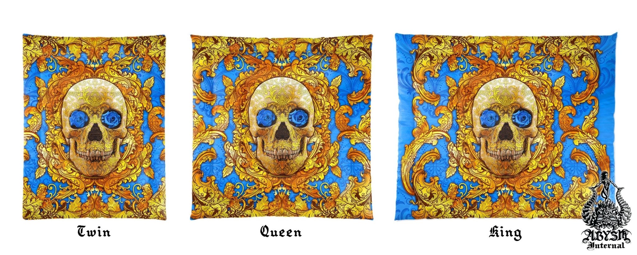 Skull Bedding Set, Comforter and Duvet, Vintage and Victorian Bed Cover and Bedroom Decor, King, Queen and Twin Size - Cyan and Gold - Abysm Internal
