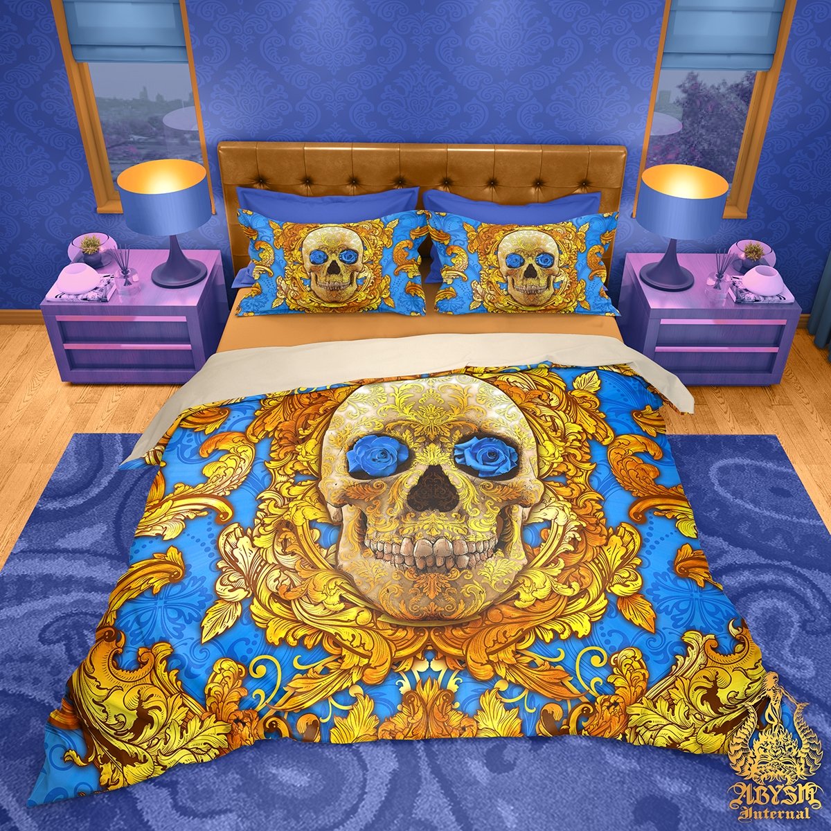 Skull Bedding Set, Comforter and Duvet, Vintage and Victorian Bed Cover and Bedroom Decor, King, Queen and Twin Size - Cyan and Gold - Abysm Internal