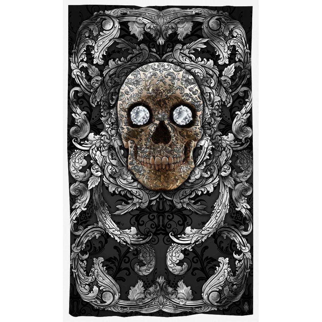 Skull Blackout Curtains, Long Window Panels, Macabre Art Print, Baroque Goth Home Decor - Silver & Diamonds - Abysm Internal