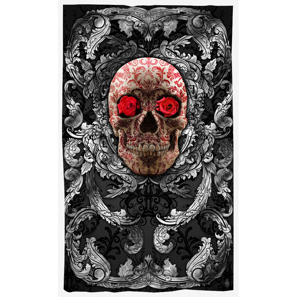 Skull Blackout Curtains, Long Window Panels, Macabre Art Print, Baroque Goth Home Decor - Silver & Red Roses - Abysm Internal