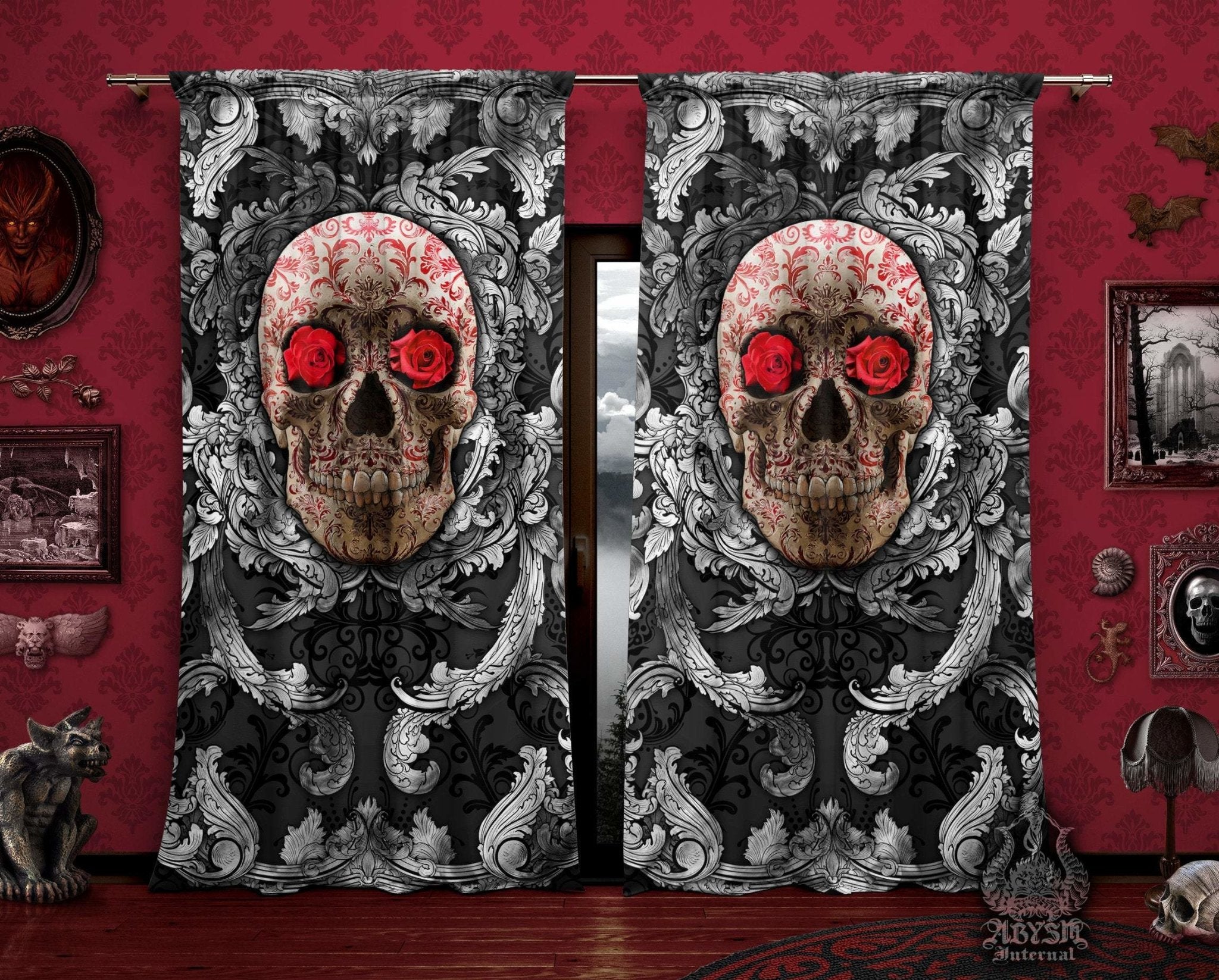 Skull Blackout Curtains, Long Window Panels, Macabre Art Print, Baroque Goth Home Decor - Silver & Red Roses - Abysm Internal