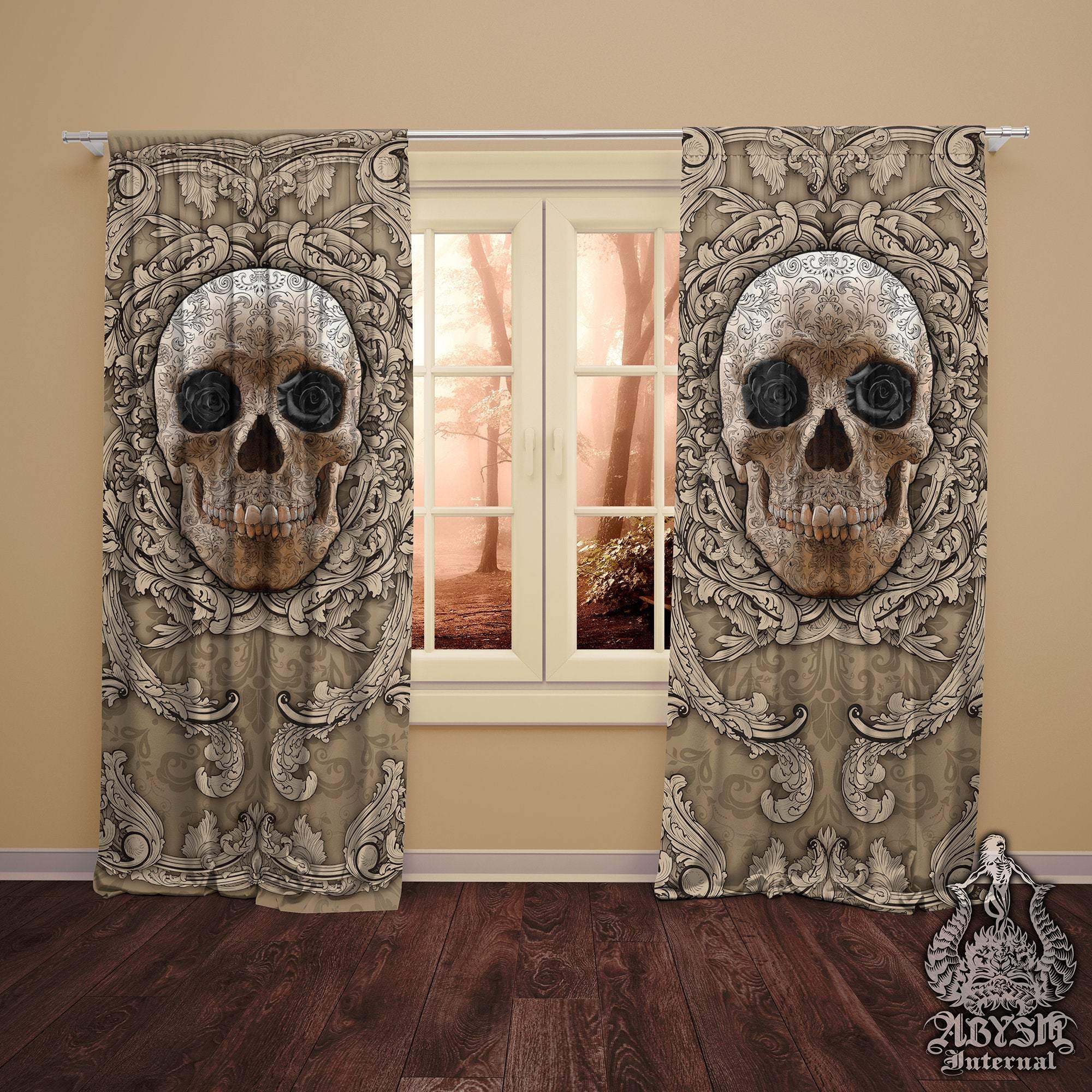 Skull Blackout Curtains, Long Window Panels, Macabre Art Print, Goth Home Decor - Cream, Black Roses - Abysm Internal
