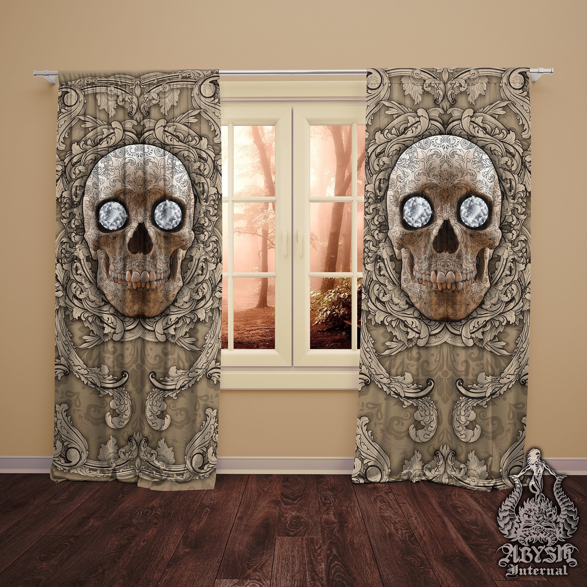 Skull Blackout Curtains, Long Window Panels, Macabre Art Print, Goth Home Decor - Cream, Diamonds - Abysm Internal
