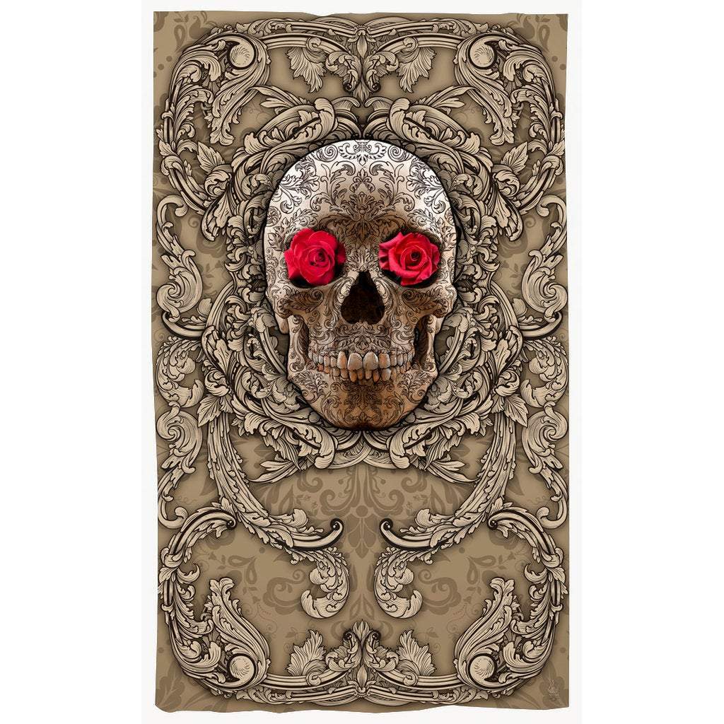 Skull Blackout Curtains, Long Window Panels, Macabre Art Print, Goth Home Decor - Cream, Red Roses - Abysm Internal