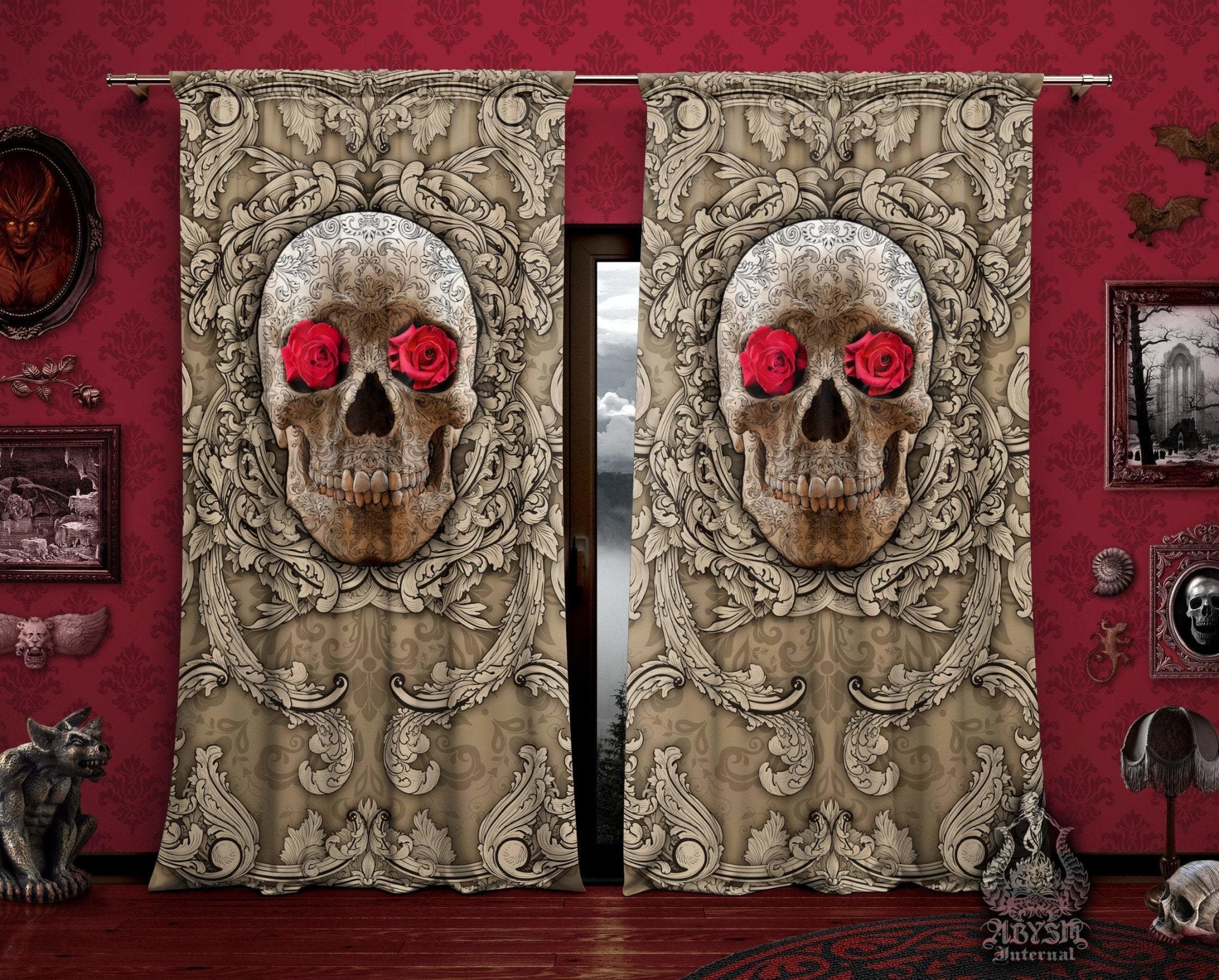 Skull Blackout Curtains, Long Window Panels, Macabre Art Print, Goth Home Decor - Cream, Red Roses - Abysm Internal