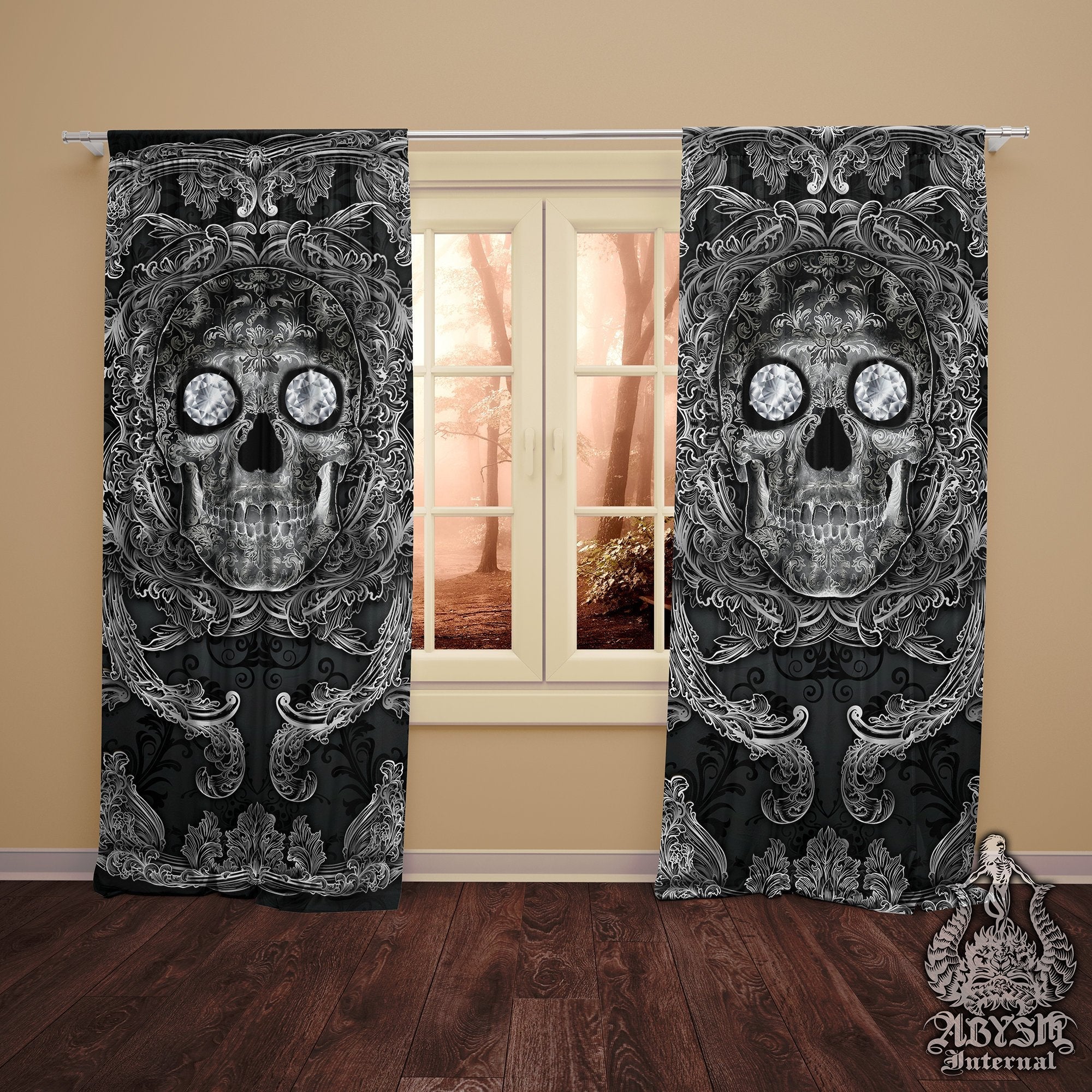 Skull Blackout Curtains, Long Window Panels, Macabre Art Print, Halloween & Gothic Home Decor - Dark, Diamonds - Abysm Internal