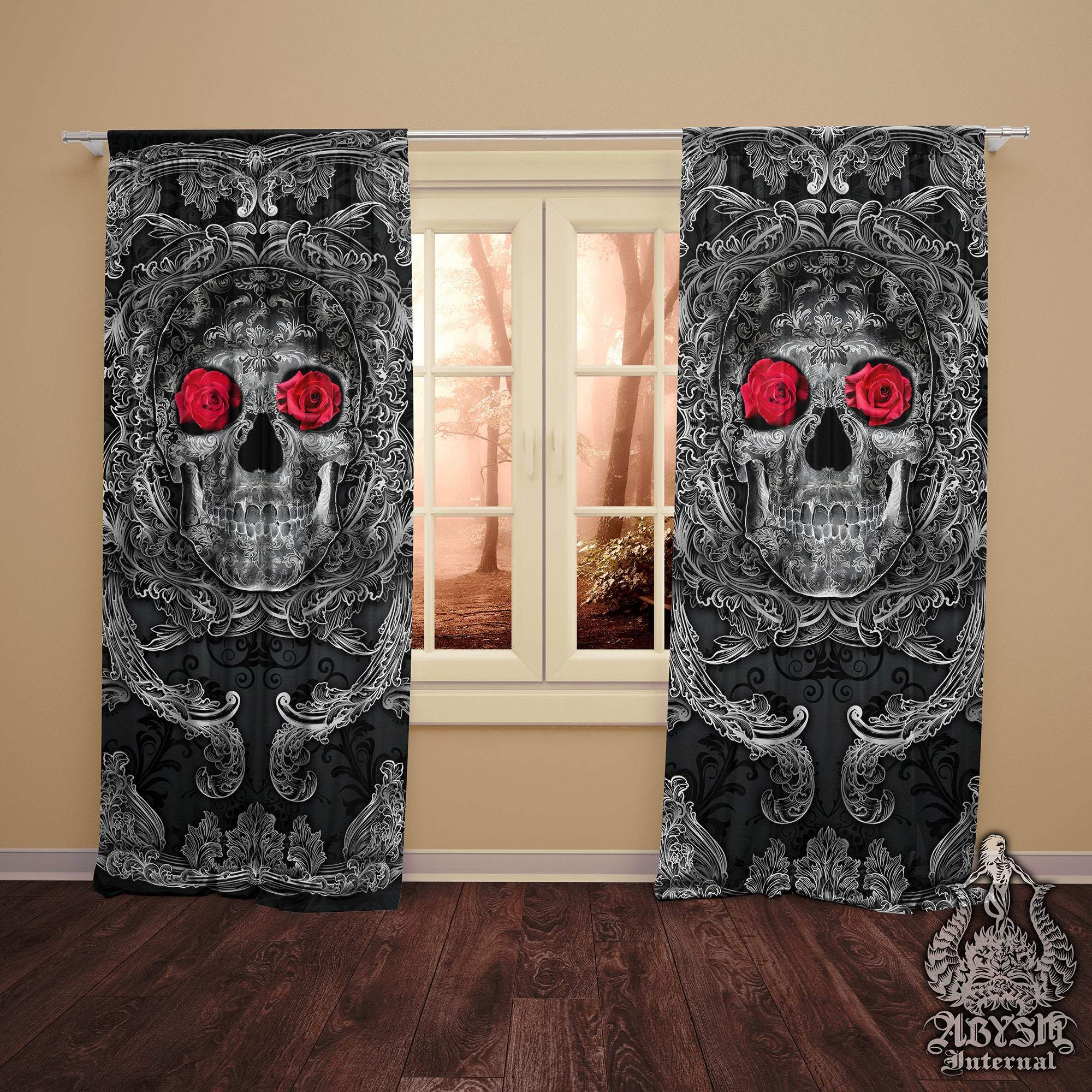 Skull Blackout Curtains, Long Window Panels, Macabre Art Print, Halloween & Gothic Home Decor - Dark, Red Roses - Abysm Internal