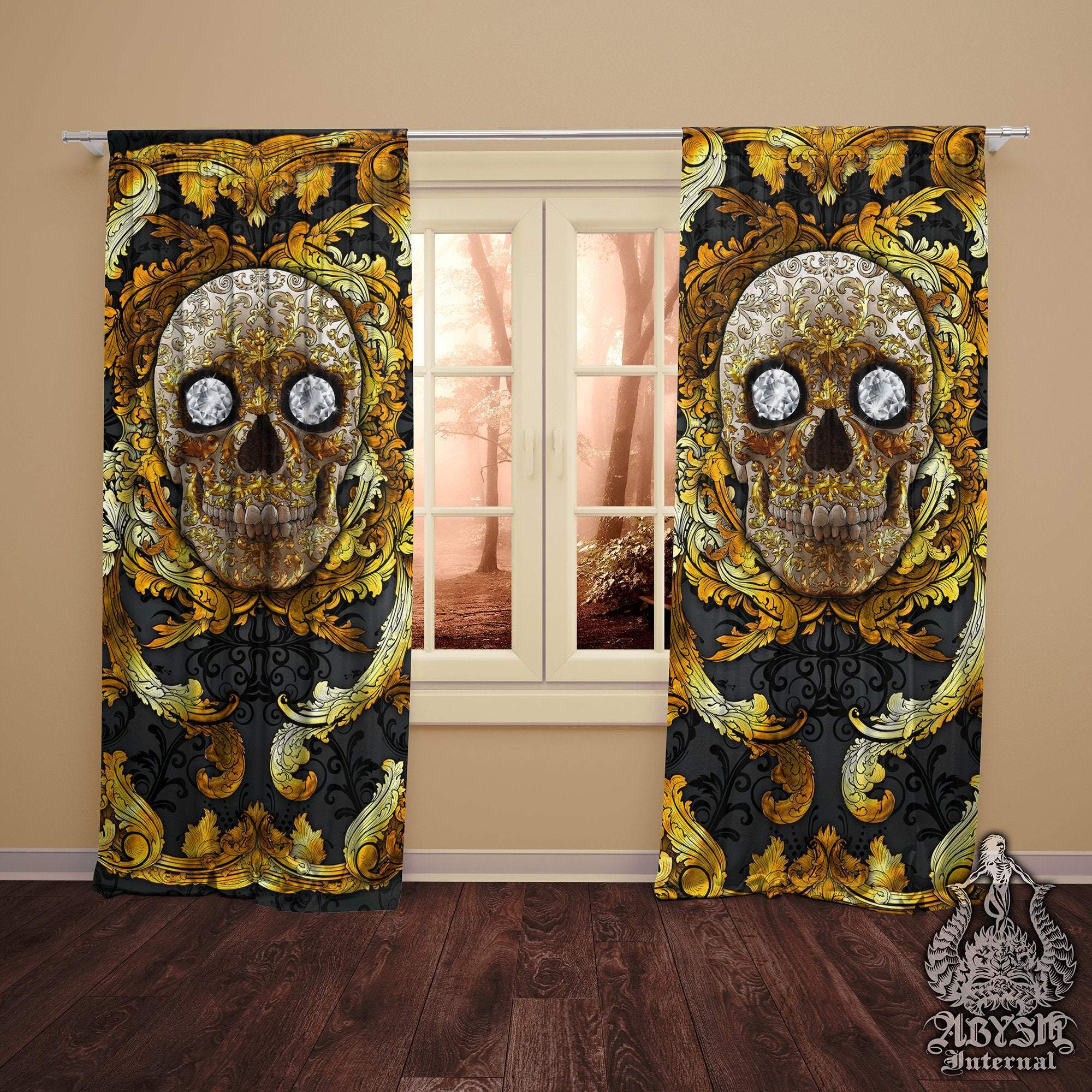 Skull Blackout Curtains, Long Window Panels, Macabre Art Print, Victorian Goth Home Decor - Gold & Diamonds - Abysm Internal