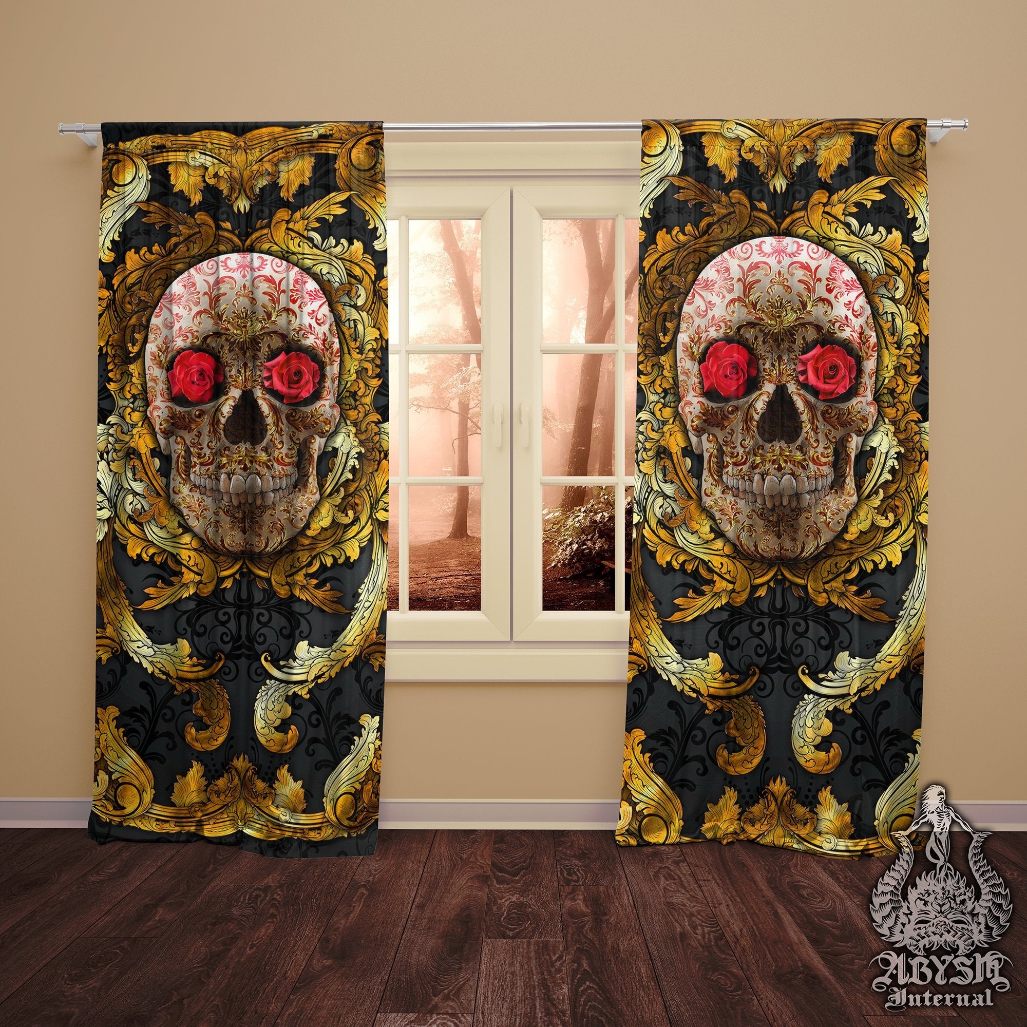 Skull Blackout Curtains, Long Window Panels, Macabre Art Print, Victorian Goth Home Decor - Gold & Red Roses - Abysm Internal