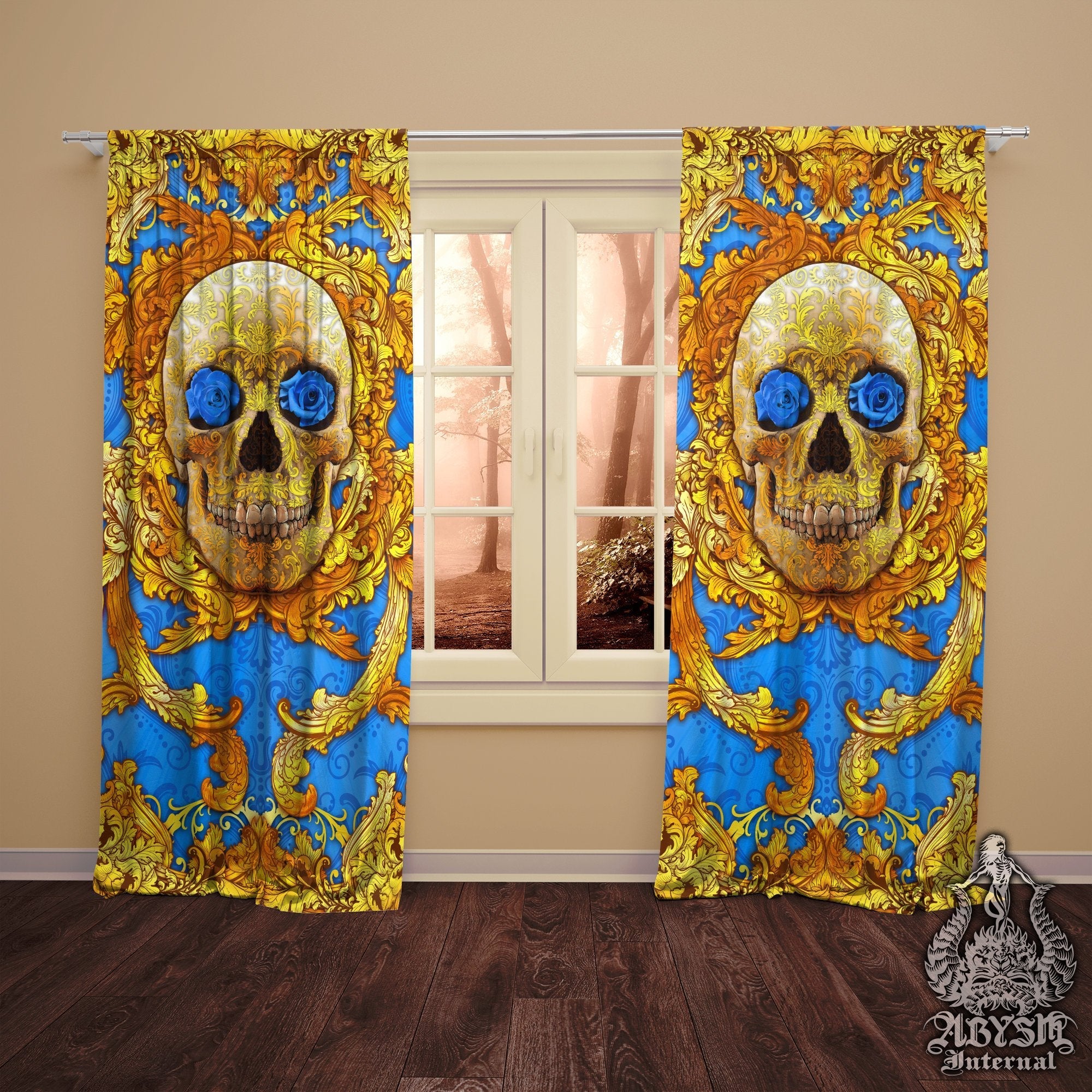 Skull Blackout Curtains, Long Window Panels, Vintage Art Print, Victorian Decor, Funky and Eclectic Home Decor - Cyan & Gold - Abysm Internal