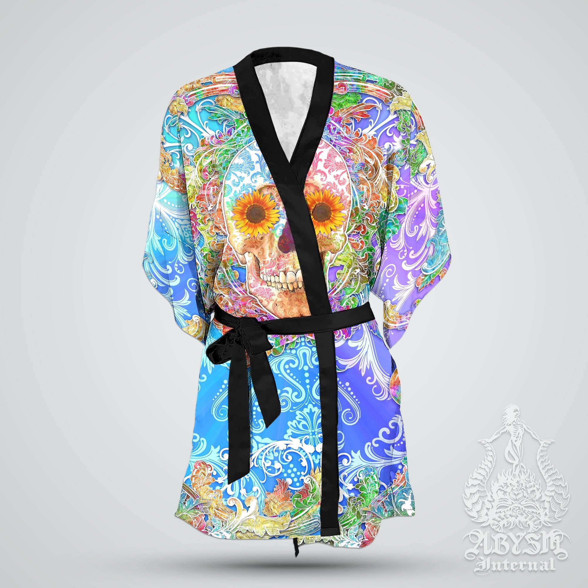 Skull Cover Up, Beach Outfit, Party Kimono, Boho Summer Festival Robe, Indie and Alternative Clothing, Unisex - Psy Color - Abysm Internal