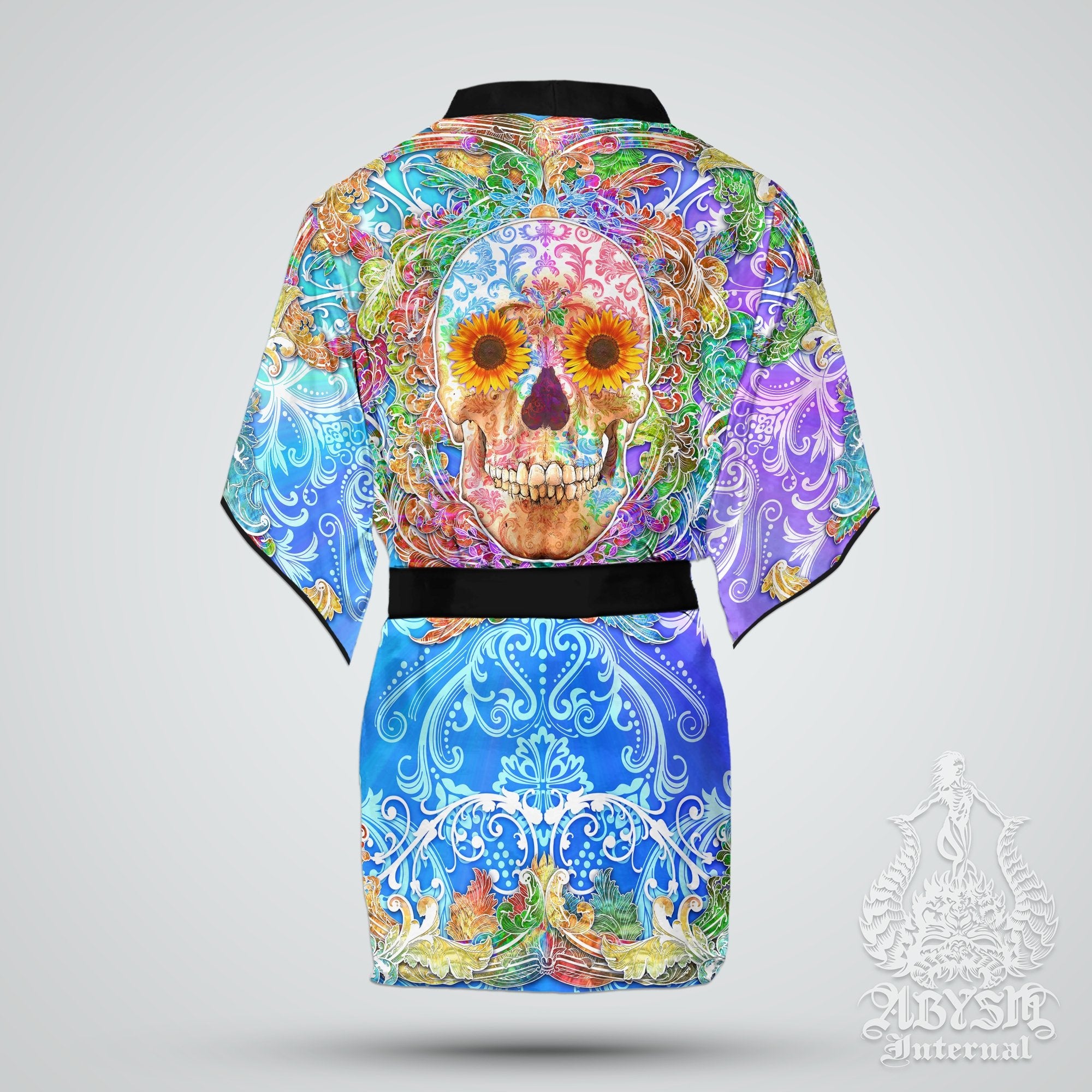 Skull Cover Up, Beach Outfit, Party Kimono, Boho Summer Festival Robe, Indie and Alternative Clothing, Unisex - Psy Color - Abysm Internal