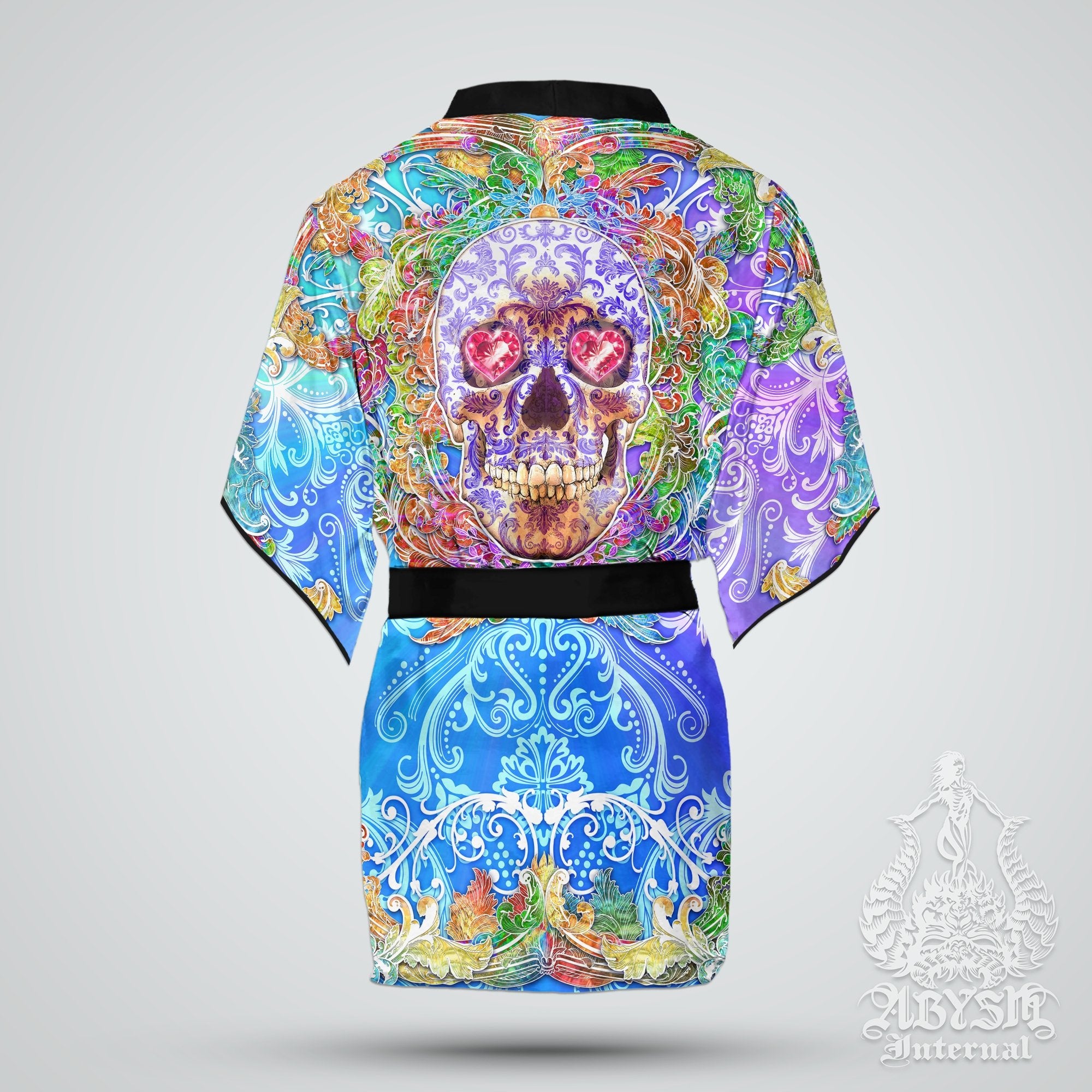 Skull Cover Up, Beach Outfit, Party Kimono, Boho Summer Festival Robe, Indie and Alternative Clothing, Unisex - Psy Purple - Abysm Internal