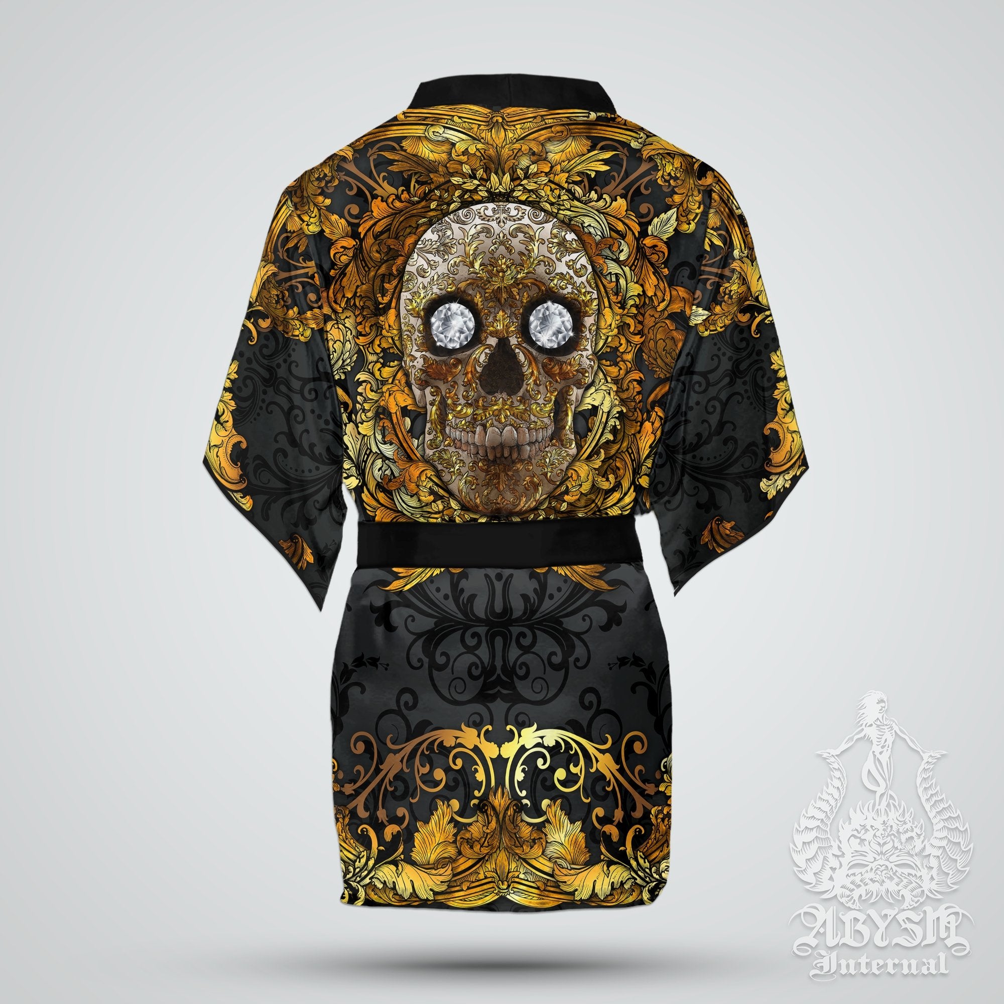 Skull Cover Up, Beach Outfit, Party Kimono, Summer Festival Robe, Goth Indie and Alternative Clothing, Unisex - Gold Black - Abysm Internal