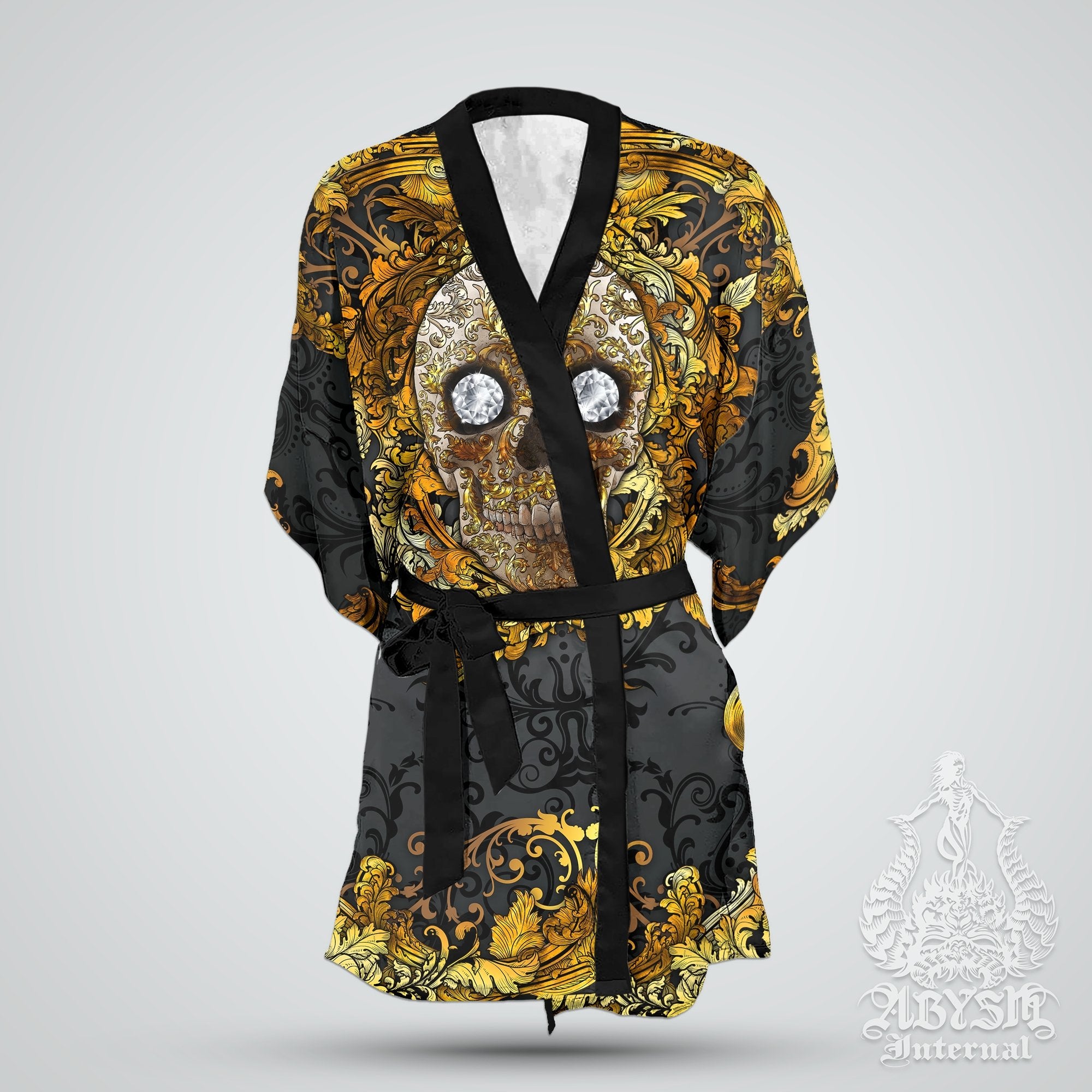 Skull Cover Up, Beach Outfit, Party Kimono, Summer Festival Robe, Goth Indie and Alternative Clothing, Unisex - Gold Black - Abysm Internal