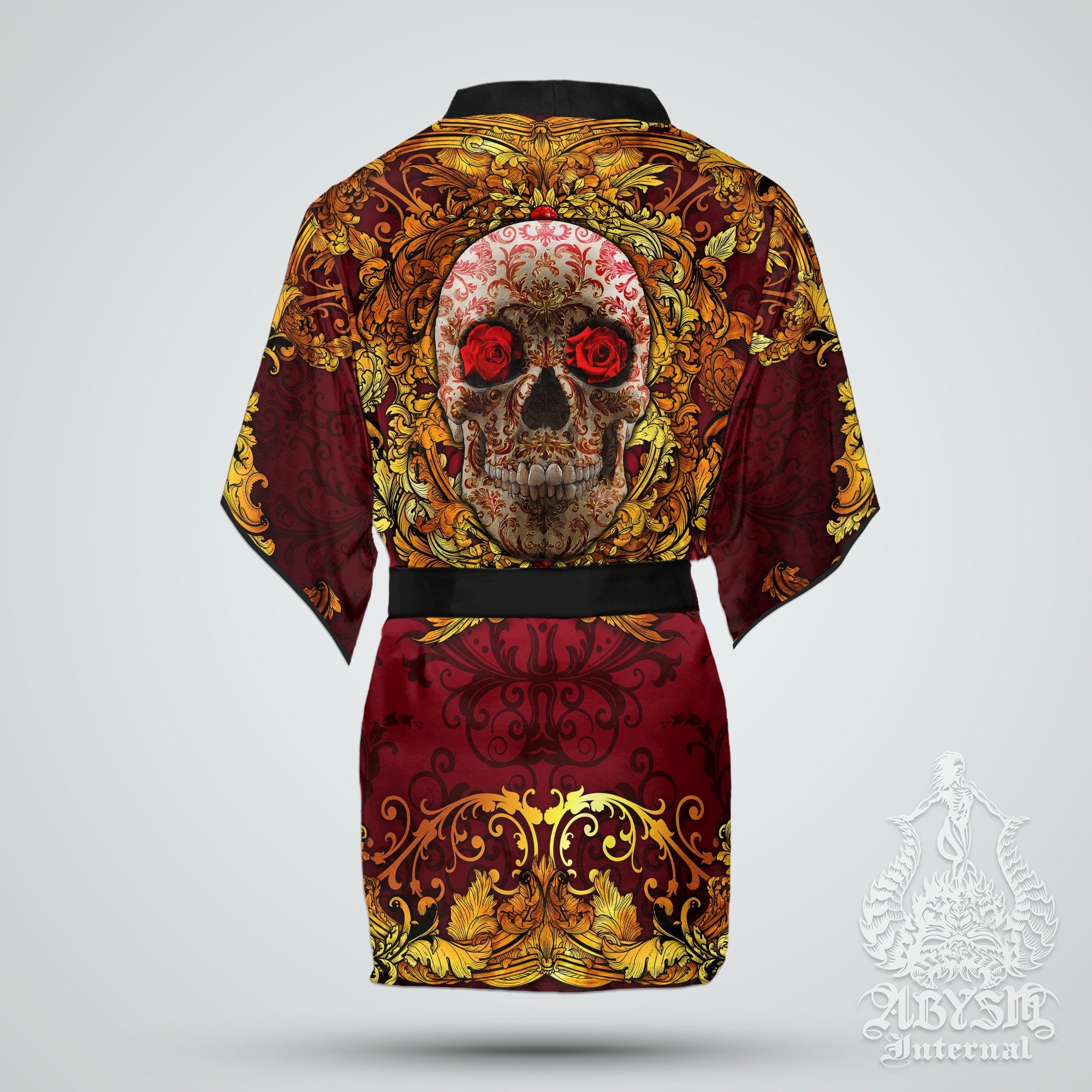 Skull Cover Up, Beach Outfit, Party Kimono, Summer Festival Robe, Goth Indie and Alternative Clothing, Unisex - Gold Red - Abysm Internal