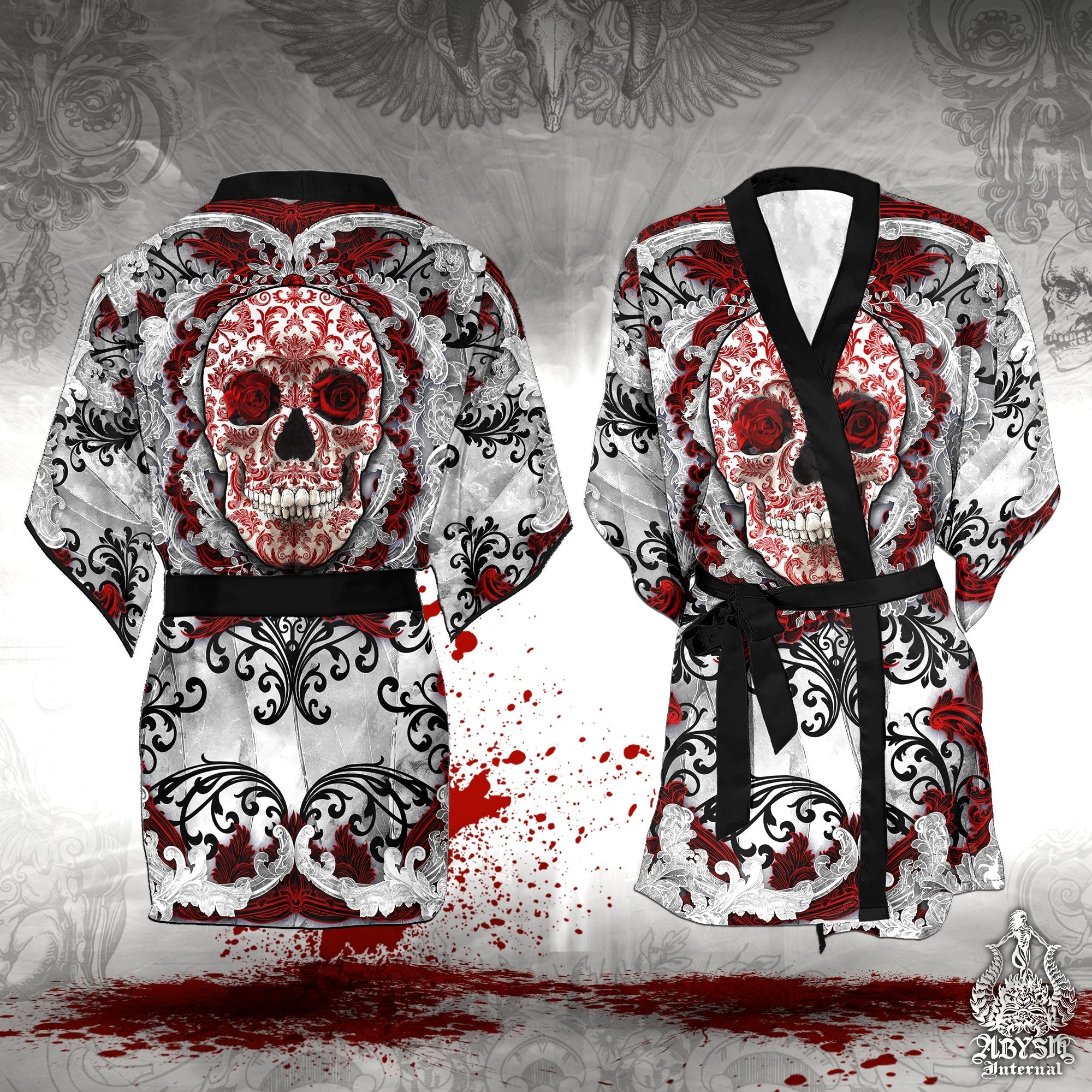 Skull Cover Up, Beach Outfit, Party Kimono, Summer Festival Robe, Gothic Indie and Alternative Clothing, Unisex - Bloody White Goth - Abysm Internal